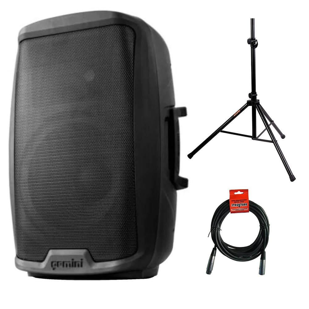 Gemini Sound AS-2115BT 2000W 15英寸有源低音炮 DJ监听音箱 蓝牙PA扩声系统 搭配Auray SS-4420钢制音箱支架和XLR线 适用于派对、婚礼、户外演出