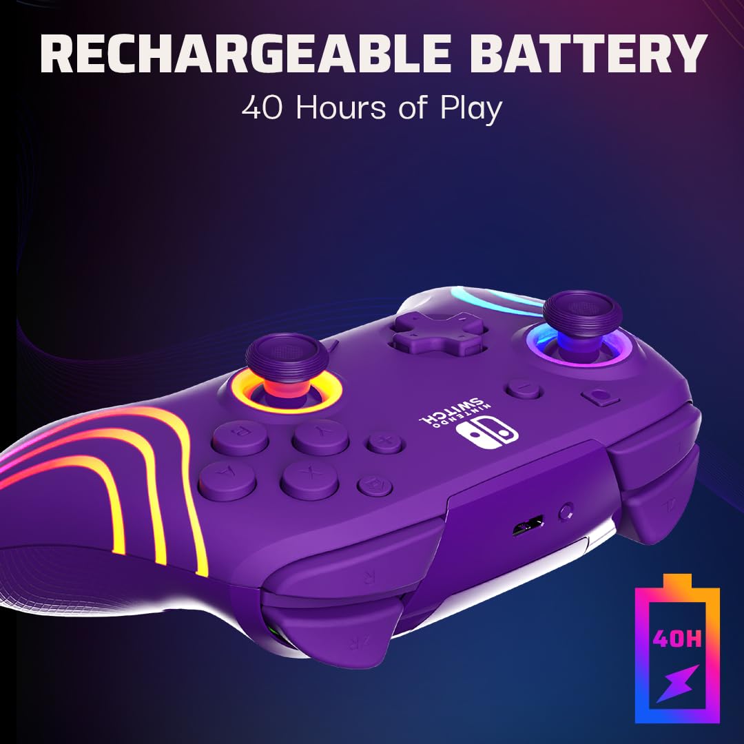 PDP Afterglow Wave Wireless Pro Controller for Nintendo Switch & OLED - Motion Controls, Custom LED Lighting, 30ft Range, 20-Hour Rechargeable Battery (Purple) - Perfect for Gaming at Home or On-The-Go
