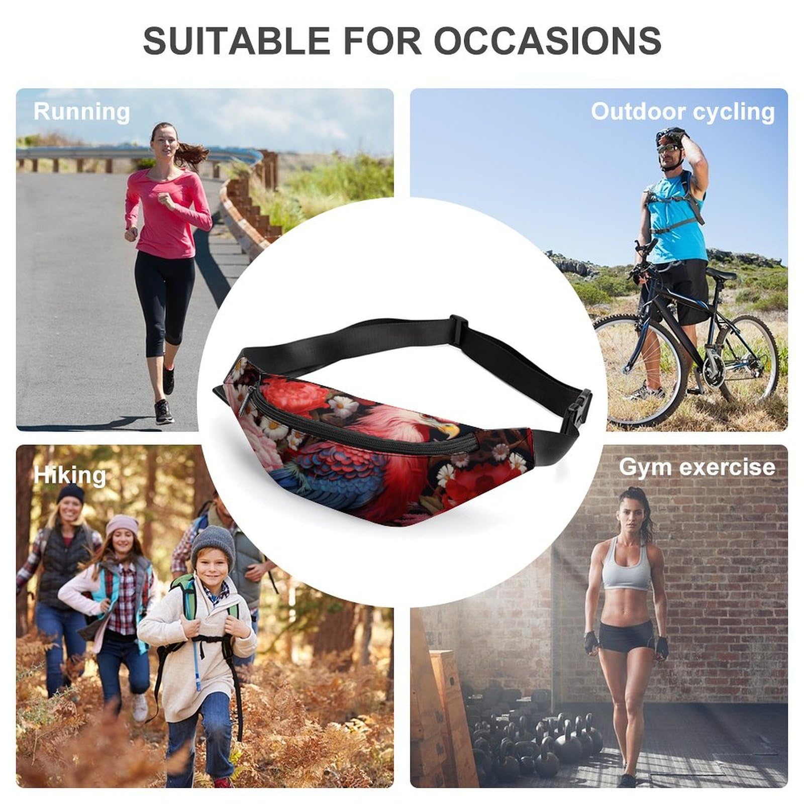 Red Floral Eagle Print Belt Bag - Adjustable Waist Pouch & Crossbody Bag for Women & Men - Perfect for Hiking, Travel, and Outdoor Adventures