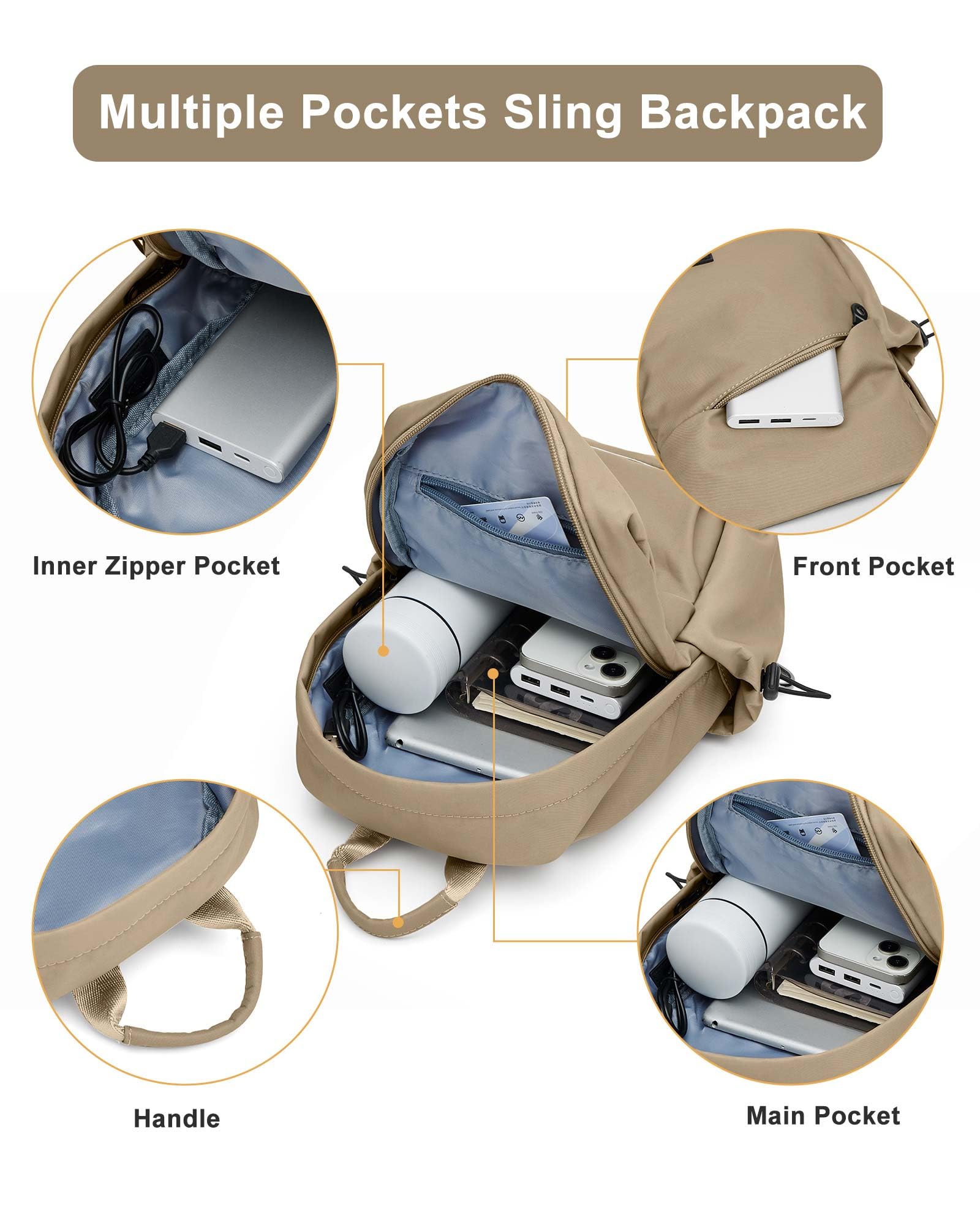 Khaki Sling Bag for Men & Women - Small Anti-Theft Motorcycle Backpack with Adjustable Strap - Tactical Chest Daypack for Travel, Hiking, Gym & Outdoor Sports - Perfect for Commuting, Cycling & Urban Adventures
