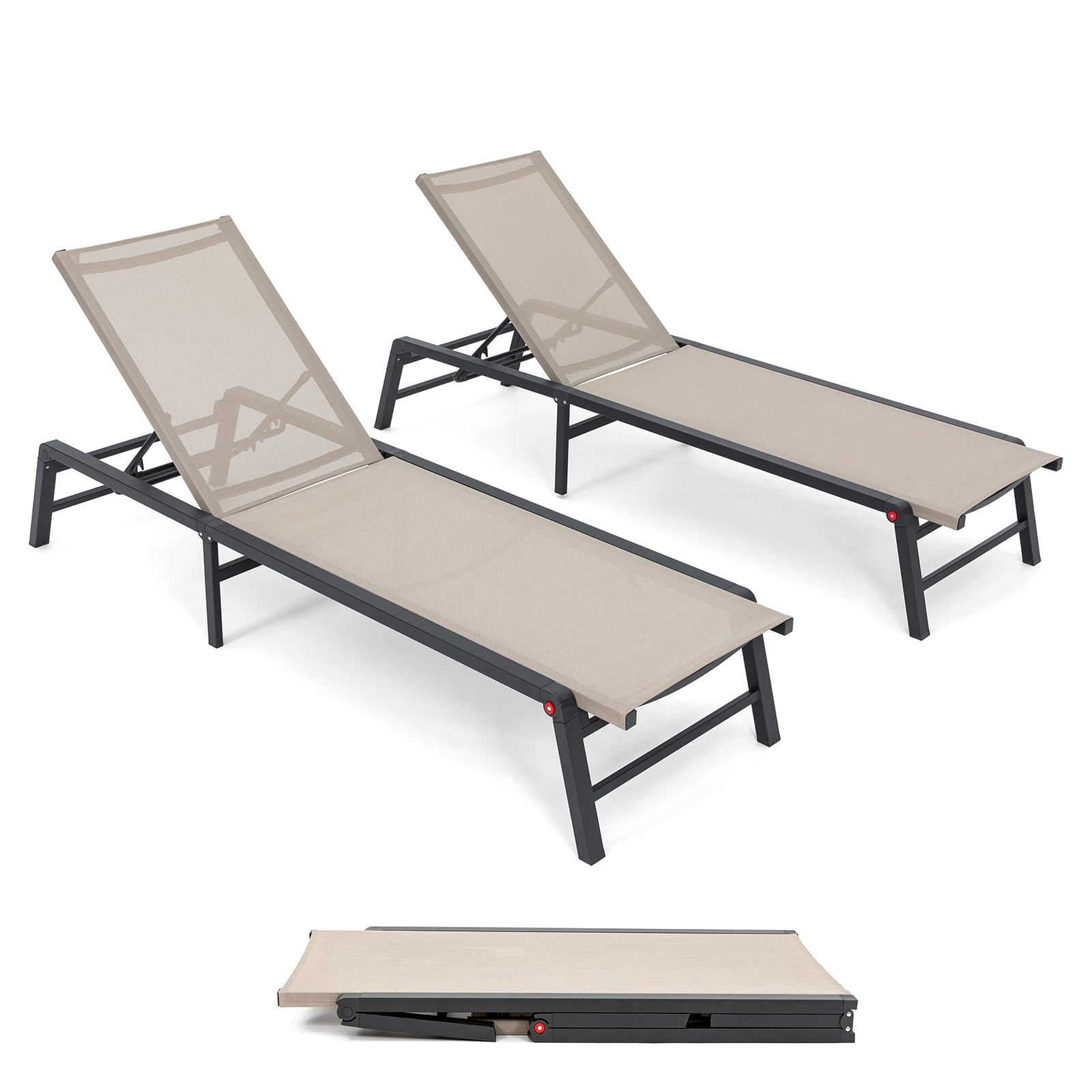 Premium Aluminum Outdoor Chaise Lounge Set of 2 - No Assembly Required, Adjustable Backrest Patio Furniture for Poolside, Beach & Backyard Relaxation | Perfect for Sunbathing, Lounging & Outdoor Comfort