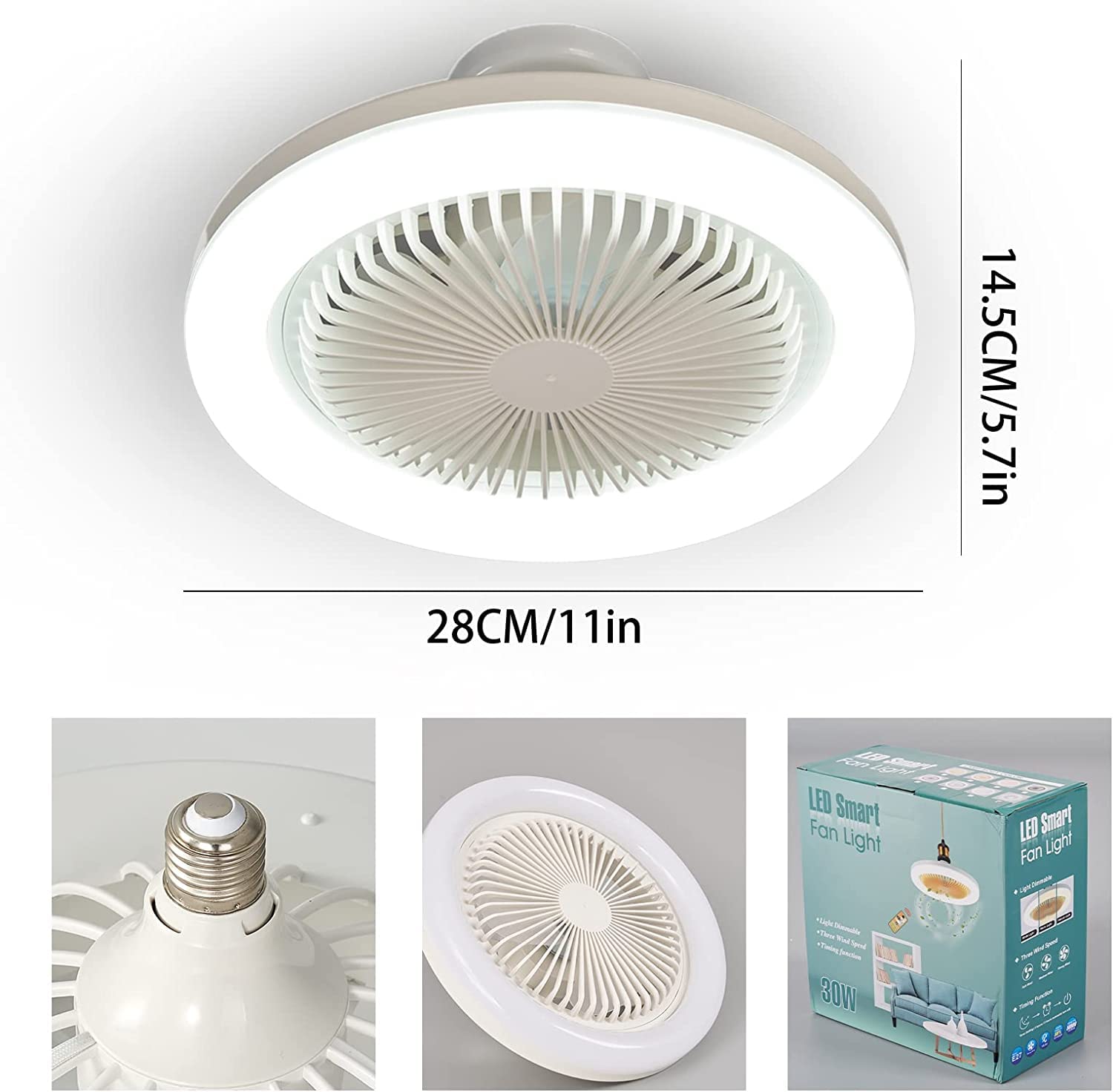 AHXIAOZN Low Profile Bladeless Ceiling Fan with LED Light - 28cm White Semi-Flush Mount Mini Ceiling Fan for Bedroom, Kitchen, Nursery & Small Spaces