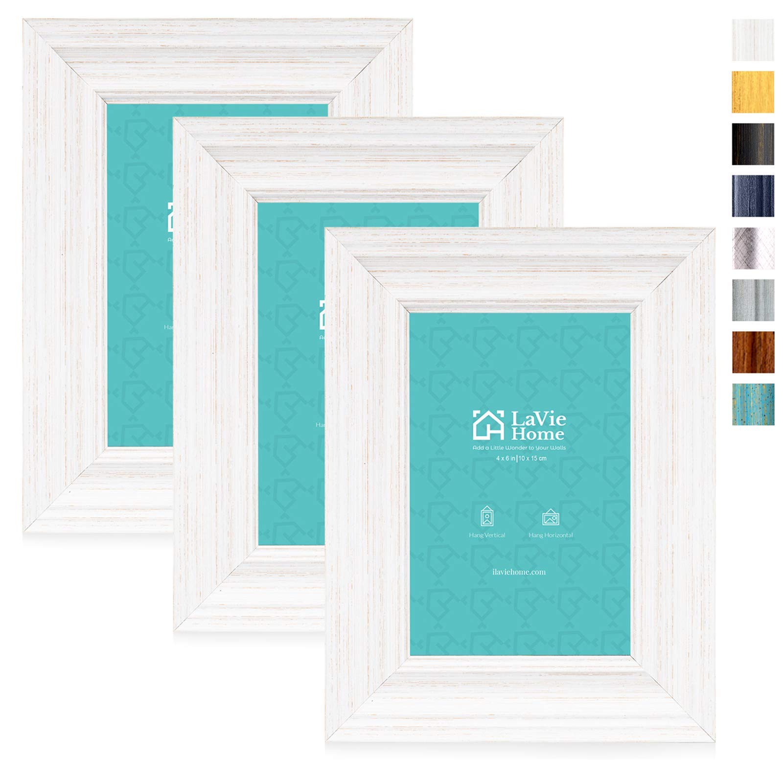 LaVie Home 4x6 Picture Frames (3 Pack, White) - Rustic Wood Photo Frame Set with HD Glass for Wall Mount & Tabletop Display - Perfect for Family Photos, Wedding Pictures, and Home Decor