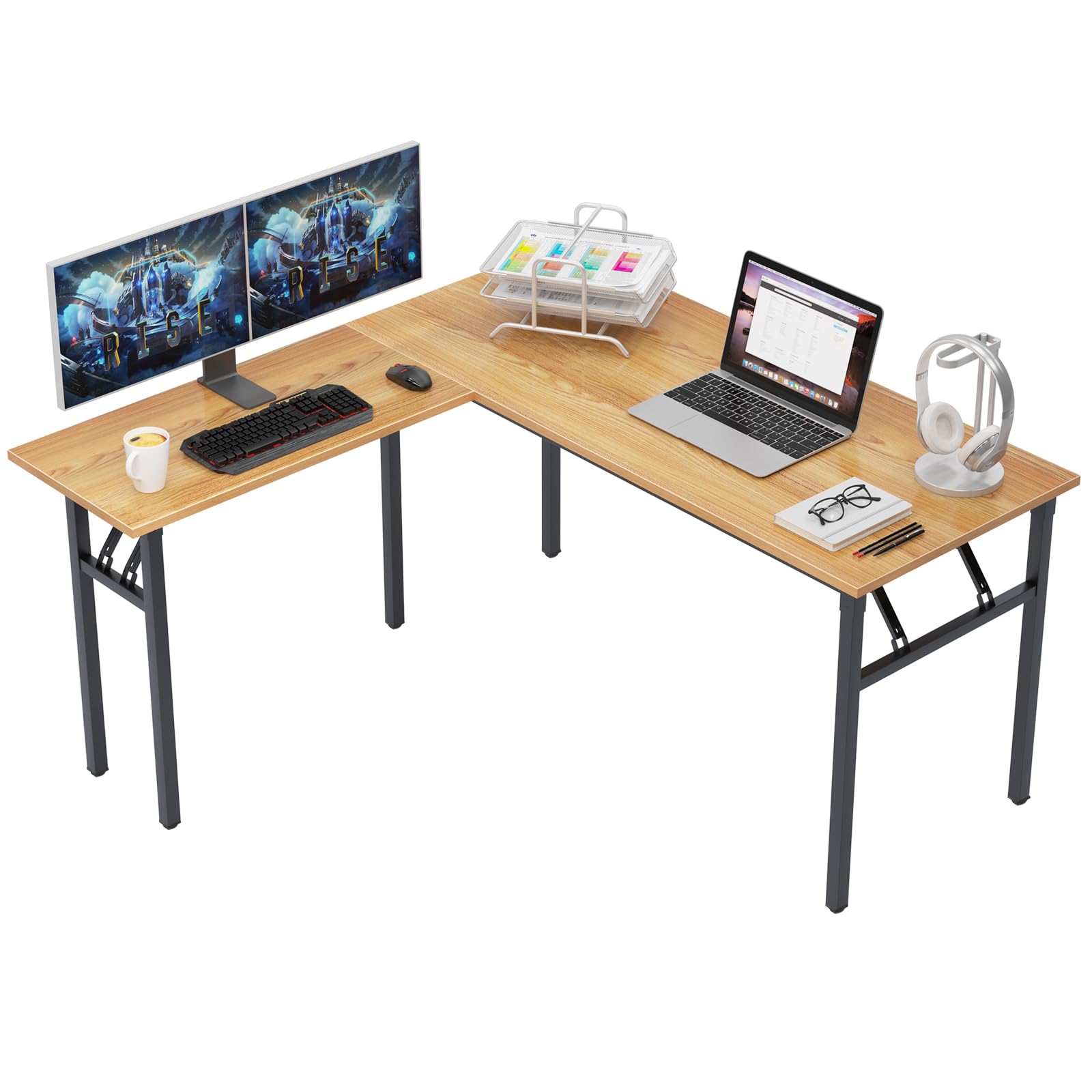 L Shaped Folding Desk - Reversible Home Office Computer Desk with Large Work Surface | Foldable Gaming Desk Workstation in Teak & Black | Perfect for Small Spaces, Remote Work & PC Gaming Setup
