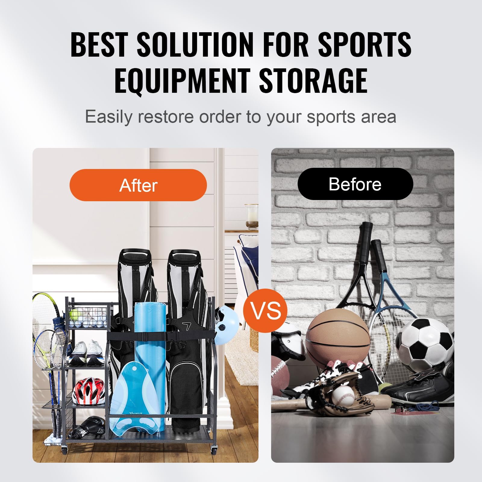 VEVOR Golf Storage Garage Organizer - 2 Golf Bag Stand Holder & Sports Equipment Rack with Wheels | Rolling Ball Cart for Outdoor Sports Gear, Toys & Accessories | Heavy-Duty Steel Construction in Black | Perfect for Garage, Basement & Backyard Organization
