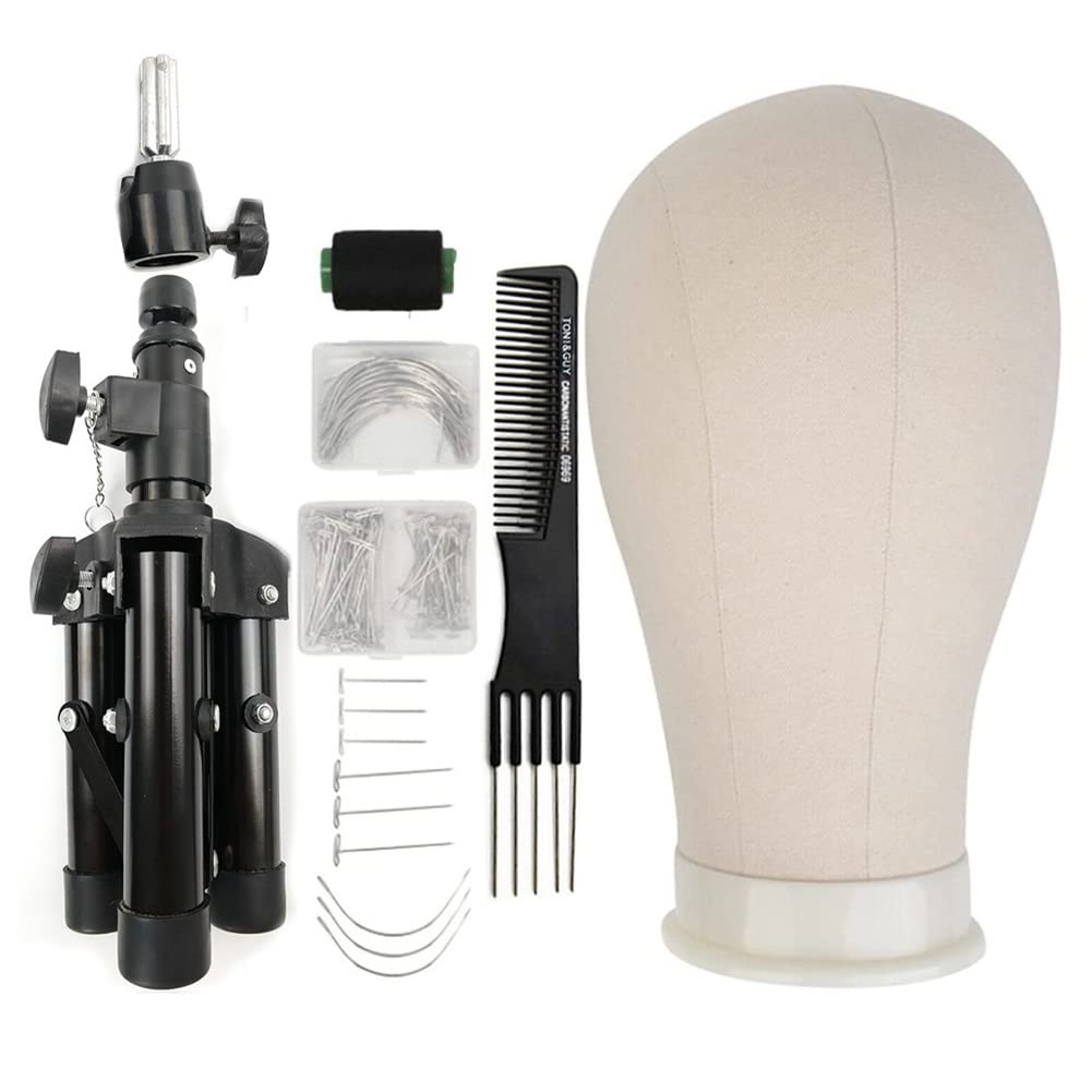 23 Inch Canvas Mannequin Head for Wig Styling - Adjustable Tripod Stand with T-Pins - Professional Hairdressing Training & Display for Salons, Cosmetology Schools & Home Use