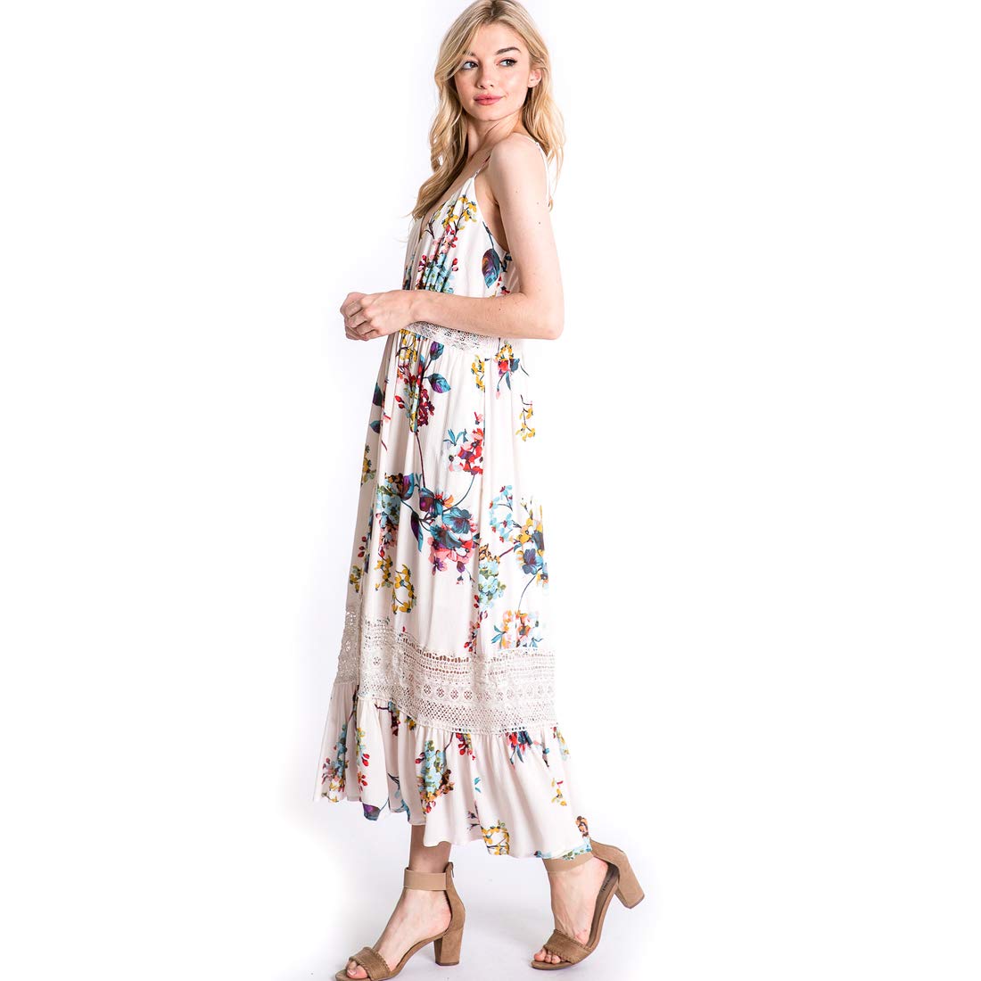 Cream Floral Maxi Sun Dress with Crochet Lace Detail & Spaghetti Straps - Medium Size | Boho Summer Beach Dress for Women, Perfect for Vacations, Weddings & Outdoor Parties