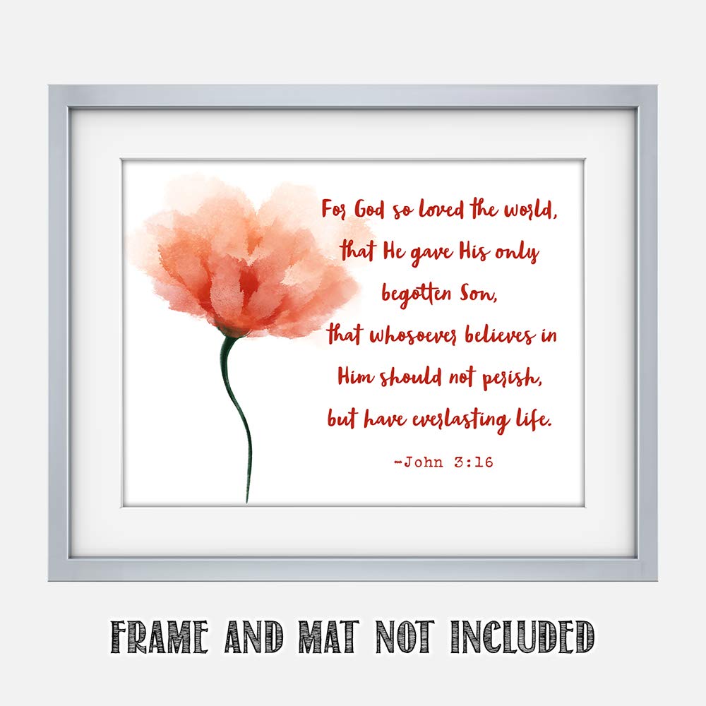TJ Originals - John 3:16 Bible Verse Wall Art Decor - 11x14 Christian Scripture Print - Inspirational Gift for Family, Friends & Women (Peach Flower) - Perfect for Home, Church & Office Decor