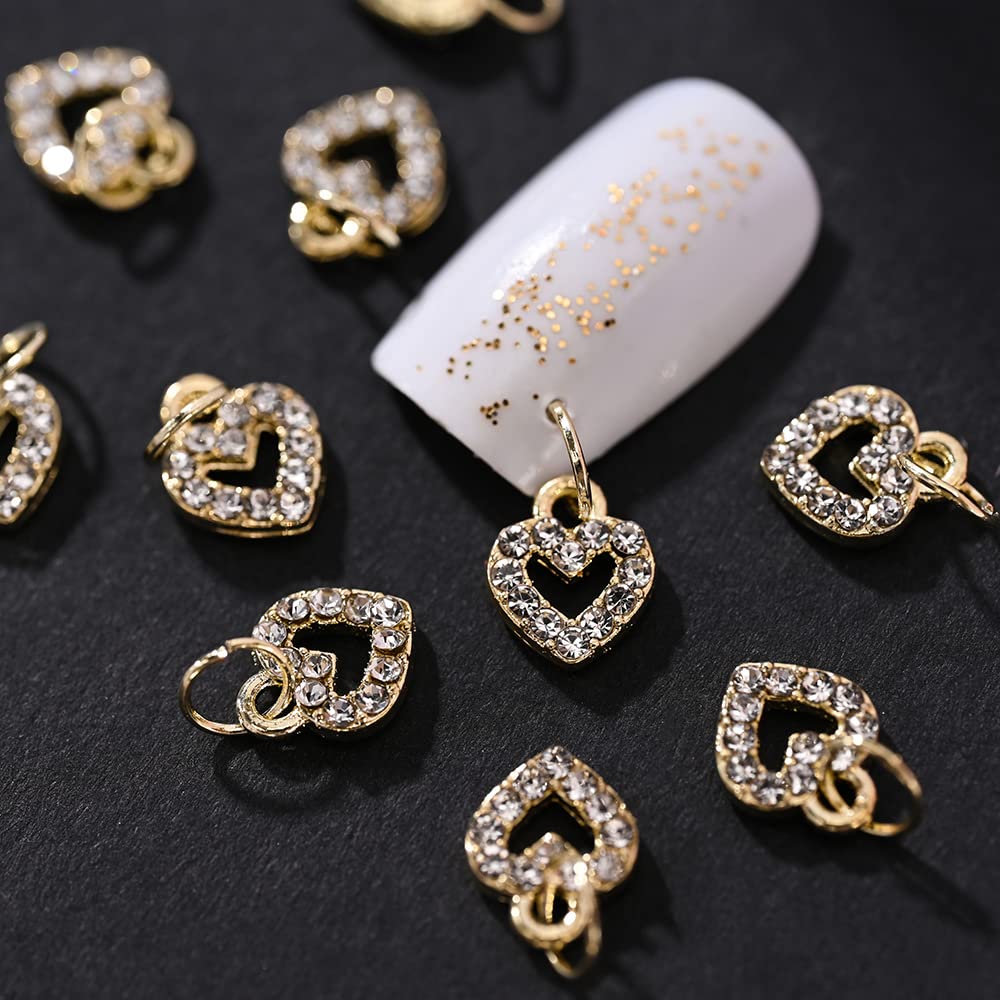 10pcs 3D Gold Heart Dangle Nail Charms - Alloy Glitter Rhinestone Nail Jewelry Pendants for Acrylic Nails - Perfect for Nail Art, Manicures & Special Occasions