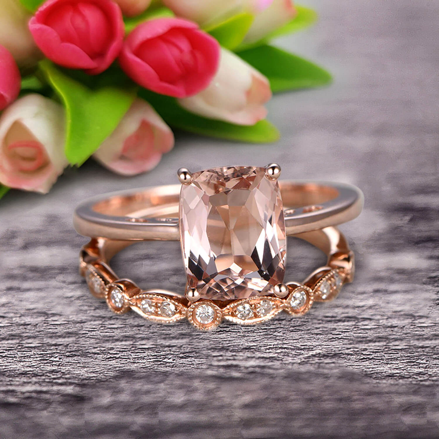 1.25 Carat Cushion Cut Morganite Solitaire Engagement Ring with Matching Band in 10K Rose Gold - Art Deco Style Shining Ring for Wedding, Proposal & Anniversary Gift - Perfect for Bridal Jewelry & Special Occasions