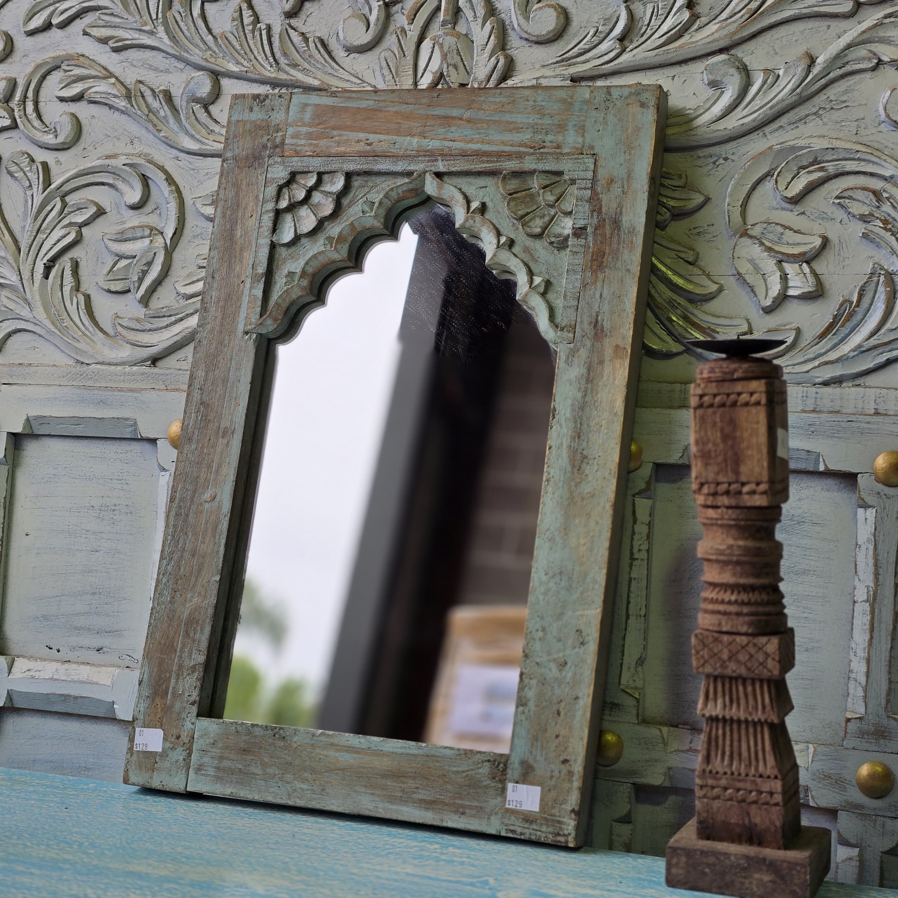 Handcrafted Floral Carved Solid Wood Indian Furniture Mirror Frame - Rustic Wall Decor for Living Room, Bedroom & Entryway
