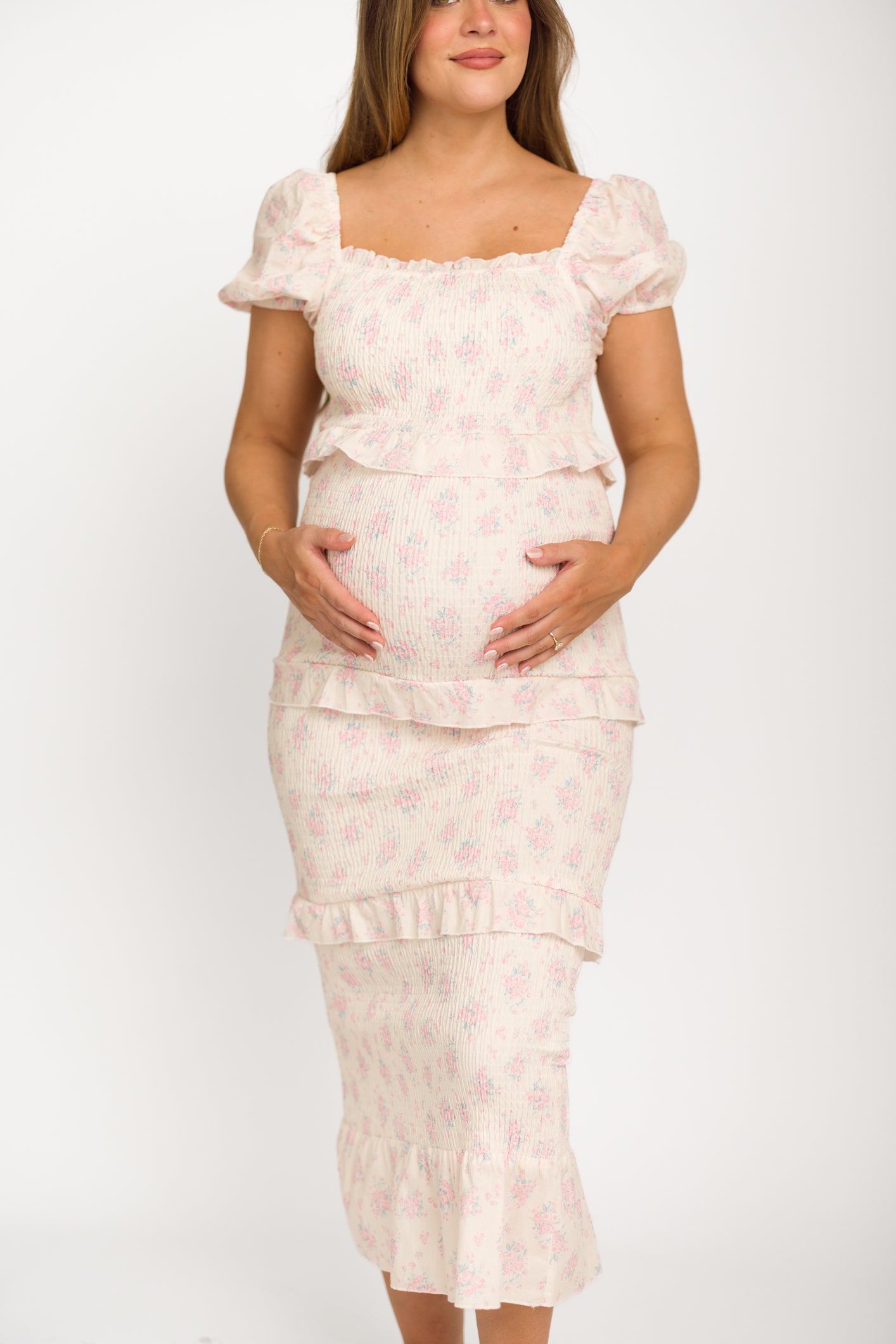 Ada Smocked Dress in Pink Floral - Bump Friendly Maternity Dress & Inclusive Sizing (S-3XL) | Perfect for Baby Showers, Bridal Events & Summer Weddings