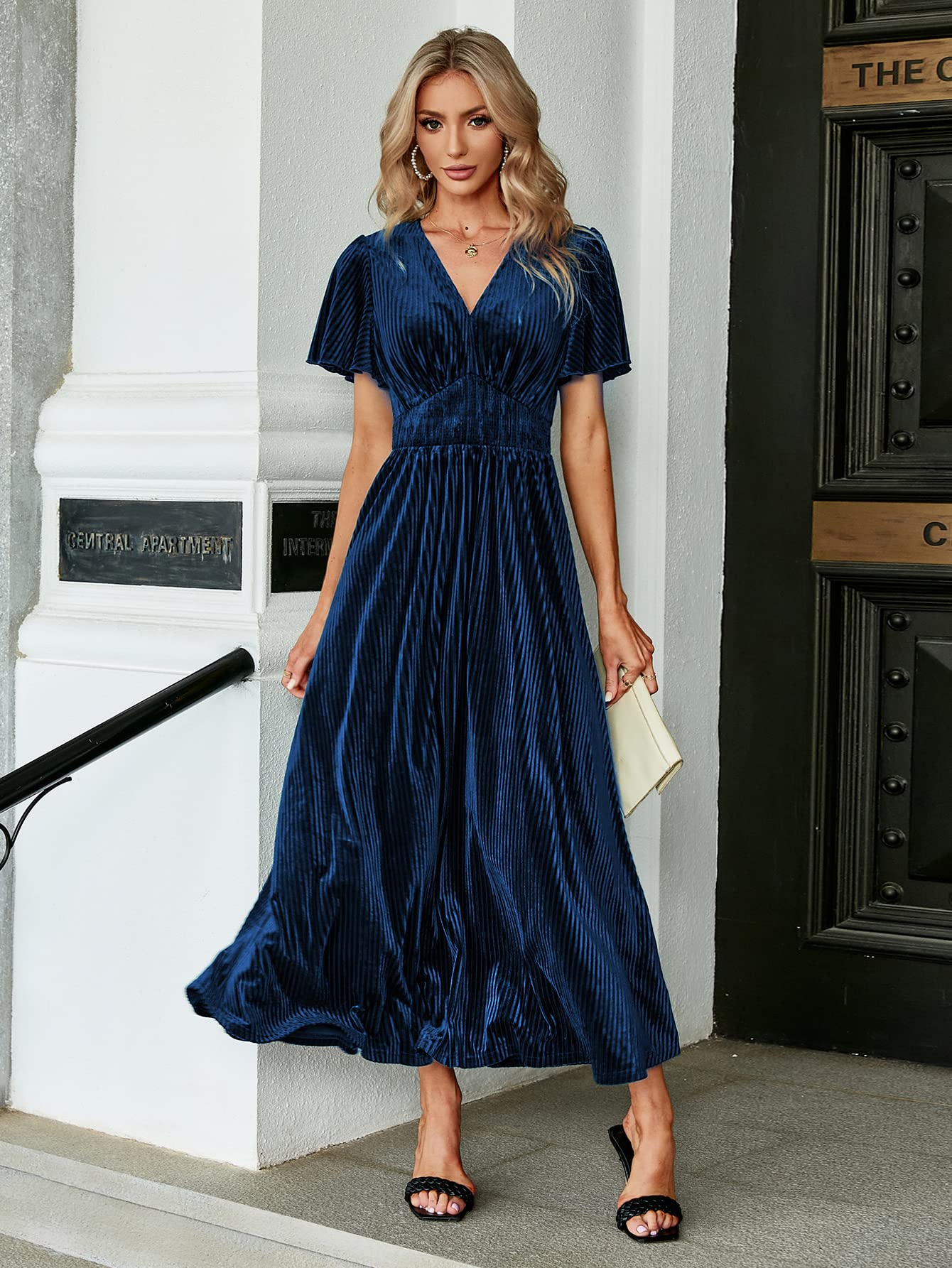 Simplee Women's V Neck Velvet Maxi Dress - Short Sleeve Empire Waist Formal Gown for Wedding Guest, Evening Party, Holiday Celebration & Special Occasions