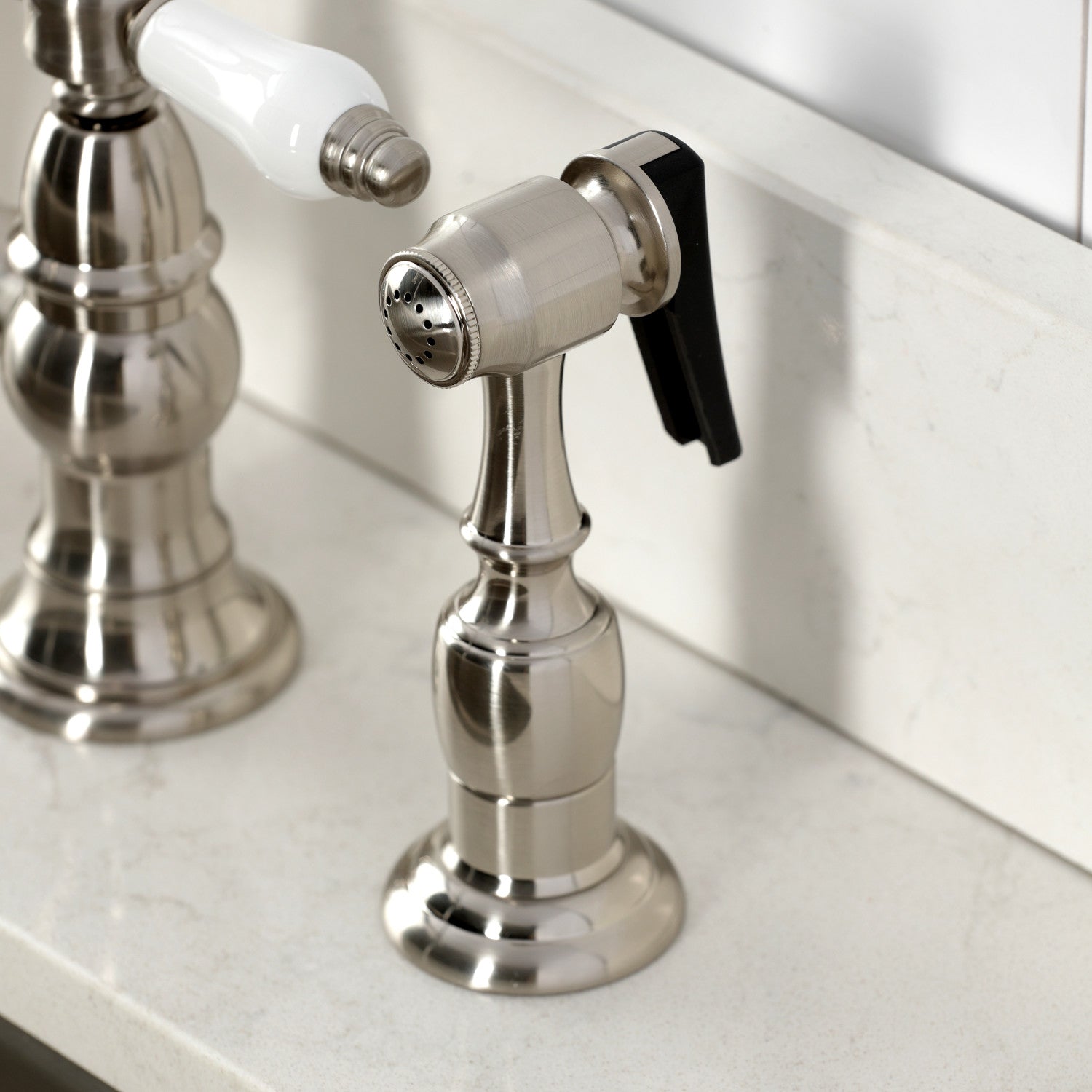 Bel Air KS3278BPLBS Brushed Nickel 2-Handle 4-Hole Deck Mount Bridge Kitchen Faucet with Brass Side Sprayer - Perfect for Farmhouse & Vintage Style Kitchens