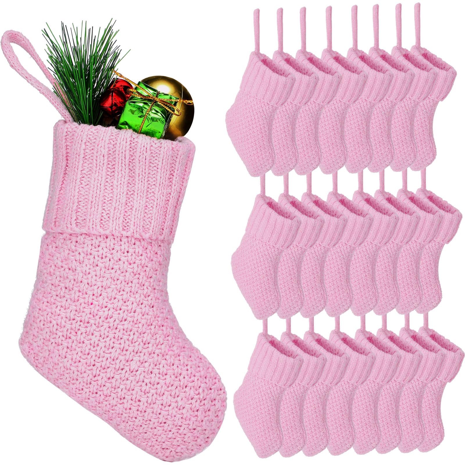 24 Pcs 7 Inch Knit Christmas Stockings - Rustic Farmhouse Cable Knit Mini Stocking Decorations for Xmas Tree Hanging, Gift Exchange & Holiday Party Decor (Pink) - Perfect for Fireplace Mantel, Staircase & Christmas Village Displays