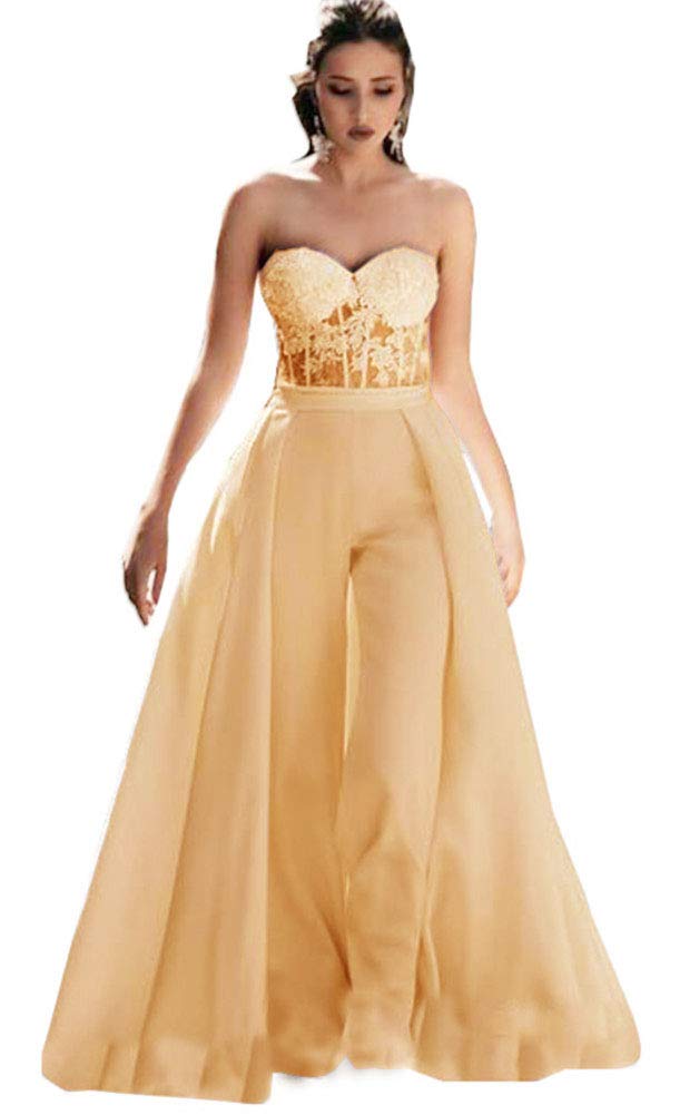 Honeydress Women's Strapless Sweetheart Jumpsuit Prom Dress with Waist Cloak - Elegant Champagne Bridal Pantsuit for Wedding, Party & Special Occasions