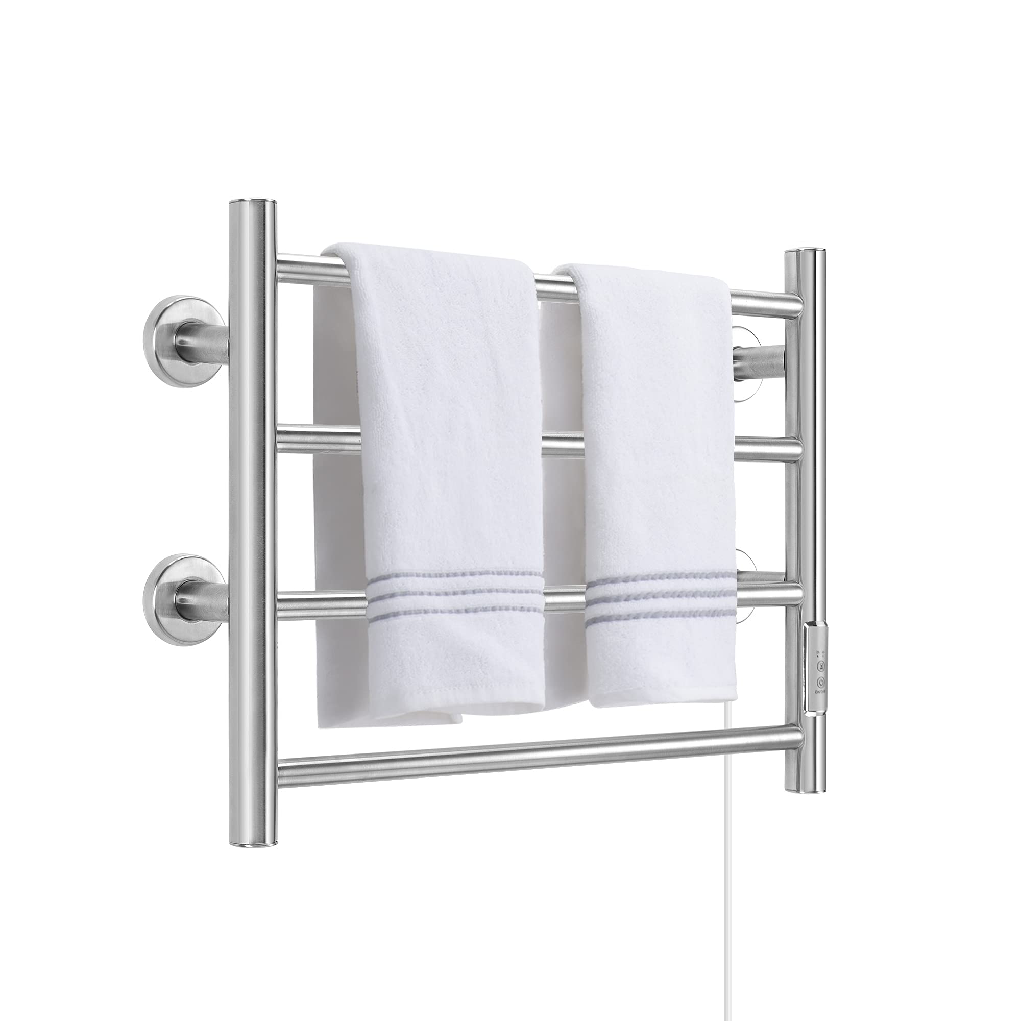Stainless Steel Heated Towel Warmer Rack - 4 Bars Wall Mounted, Plug-In or Hardwired with Timer for Bathroom - Brushed Silver Finish | Perfect for Spa, Luxury Bathrooms & Cozy Home Use