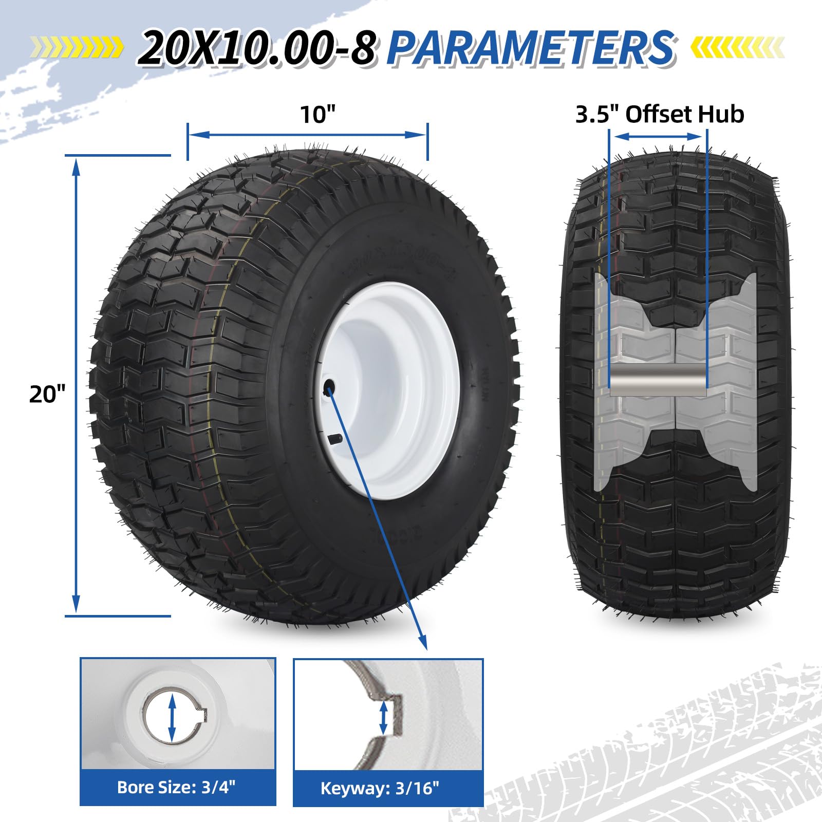 20x10.00-8 Lawn Mower Tires and Wheels Set - 4 Ply Tubeless Replacement Tires for Riding Mowers & Tractors - 3.5
