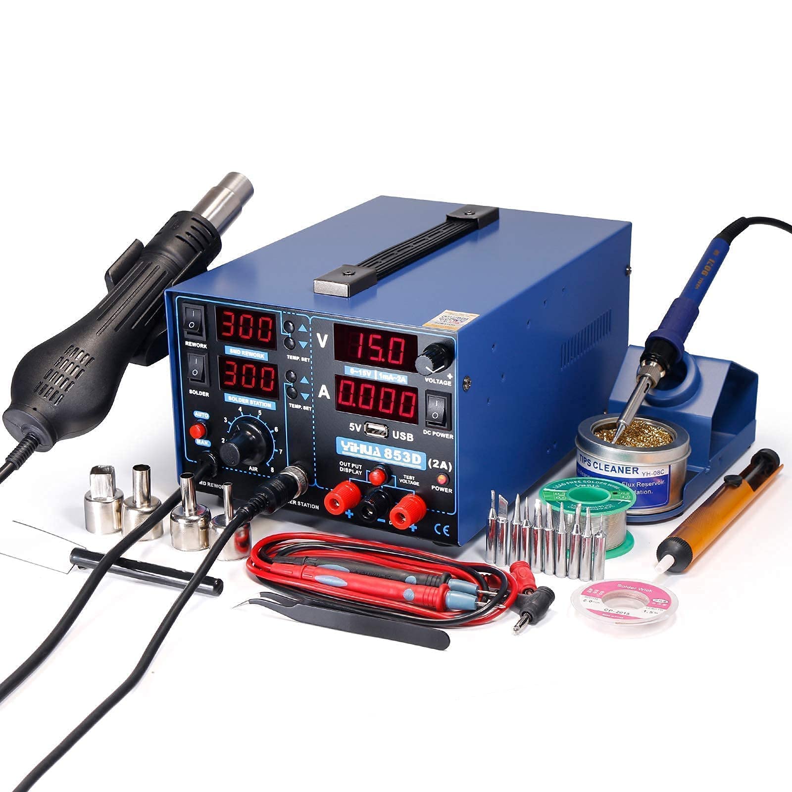 YIHUA 853D 2A USB Professional Soldering Station with Hot Air Rework & Power Supply - Includes 2300 Nozzles, Iron Holder, Cleaning Kit & 29 Accessories for Electronics Repair, DIY Projects & PCB Work