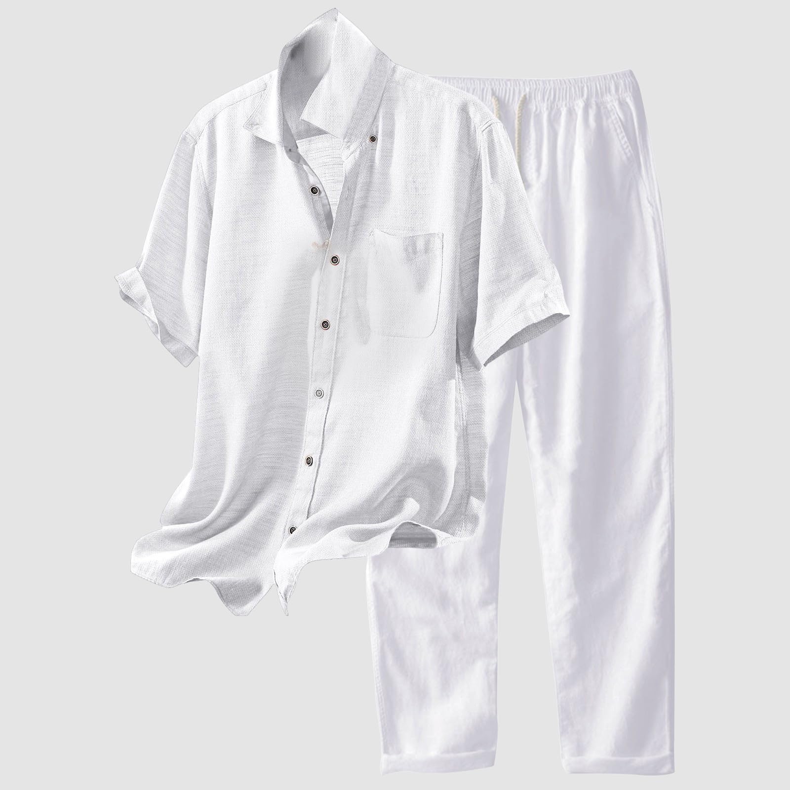 Men's 2-Piece Cotton Linen Short Sleeve Button Down Shirt & Pants Set - Breathable Summer Casual Suit for Beach, Yoga & Outdoor Activities