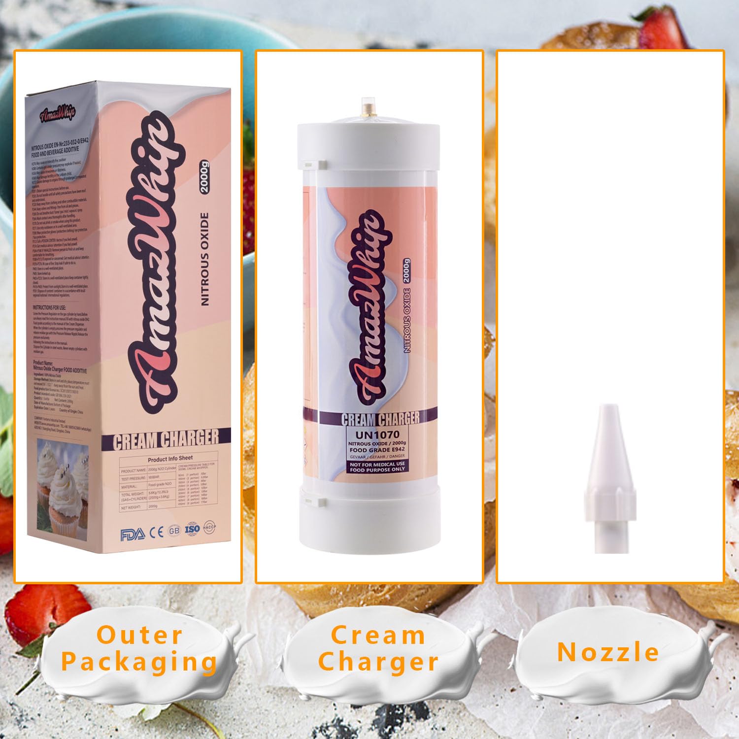 AmazWhip 3.3L Nitrous Oxide Cream Charger Cylinder (1 Pack) - Professional Whipped Cream Dispenser Refill for Desserts, Coffee & Baking