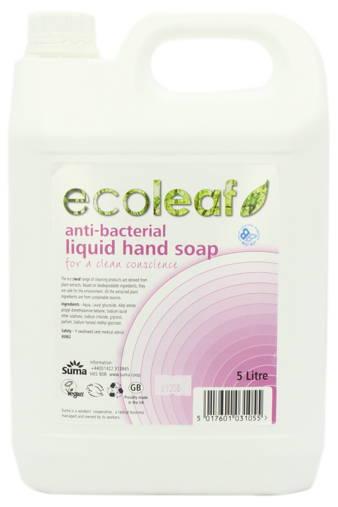 Ecoleaf Liquid Hand Soap Refill - 5 Litre (1.32 Gallon) | Natural & Gentle Foaming Hand Wash for Home, Kitchen, Bathroom & Office Use
