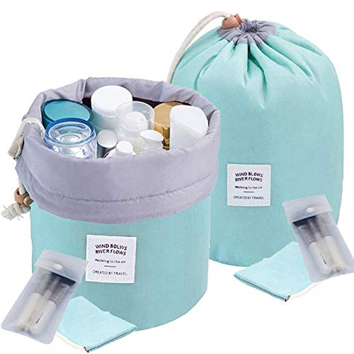 INVODA 2-Piece Large Capacity Waterproof Travel Makeup Bags - Soft Barrel Shaped Cosmetic Organizer with Drawstring, Multifunctional Toiletry Pouch for Women (Green) | Perfect for Vacation, Gym, Beach & Daily Essentials Storage