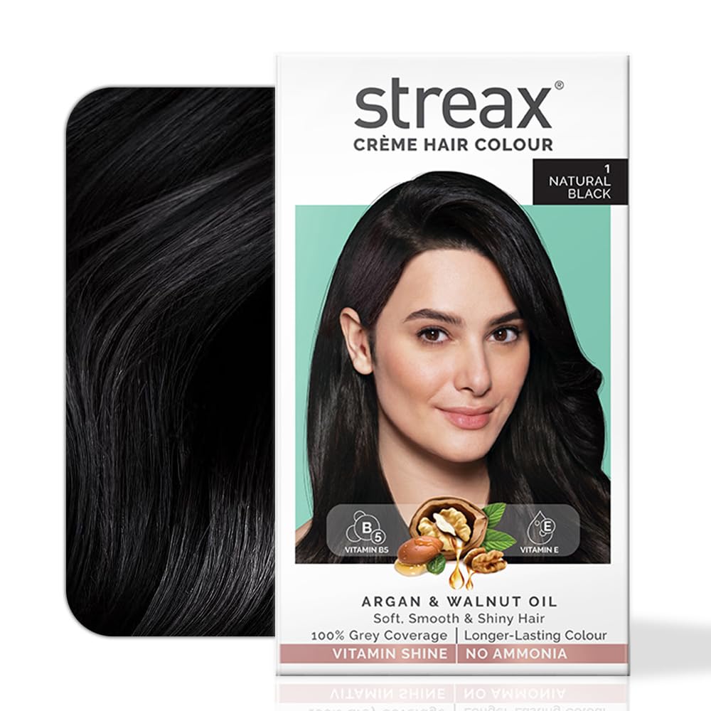 Streax Permanent Hair Color Cream - 100% Gray Coverage with Argan & Walnut Oil - Long Lasting Natural Black Hair Dye for Women (120ml) - Perfect for At-Home Salon Quality Color & Touch-Ups