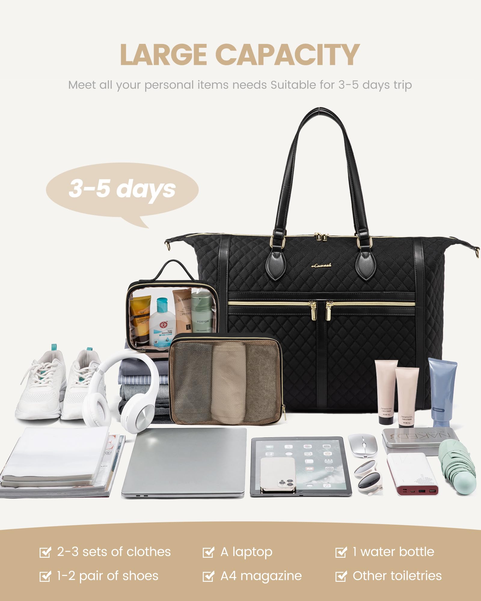 LOVEVOOK 4-in-1 Travel Weekender Bag - Waterproof Duffle, Carry On Luggage, Overnight Bag with Wet Pocket & Toiletry Compartment | Perfect for Weekend Getaways, Business Trips & Gym Use