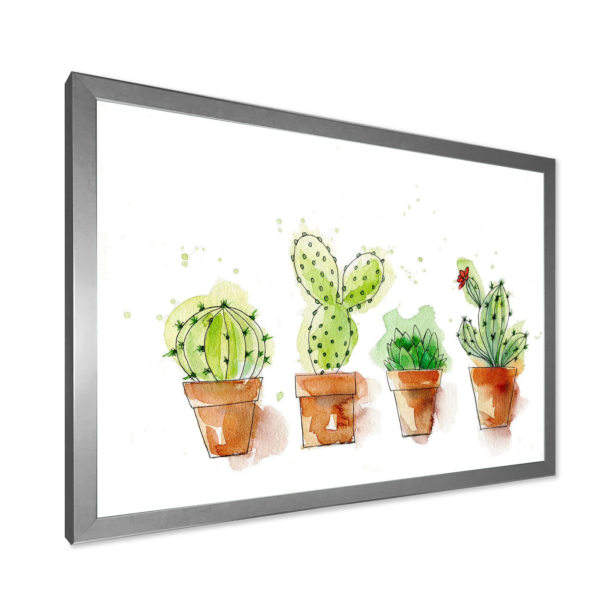 Stylish Cacti in Ceramic Pots - Minimalist Home Decor Wall Art for Living Room, Bedroom & Office | Traditional Framed Desert Plant Painting