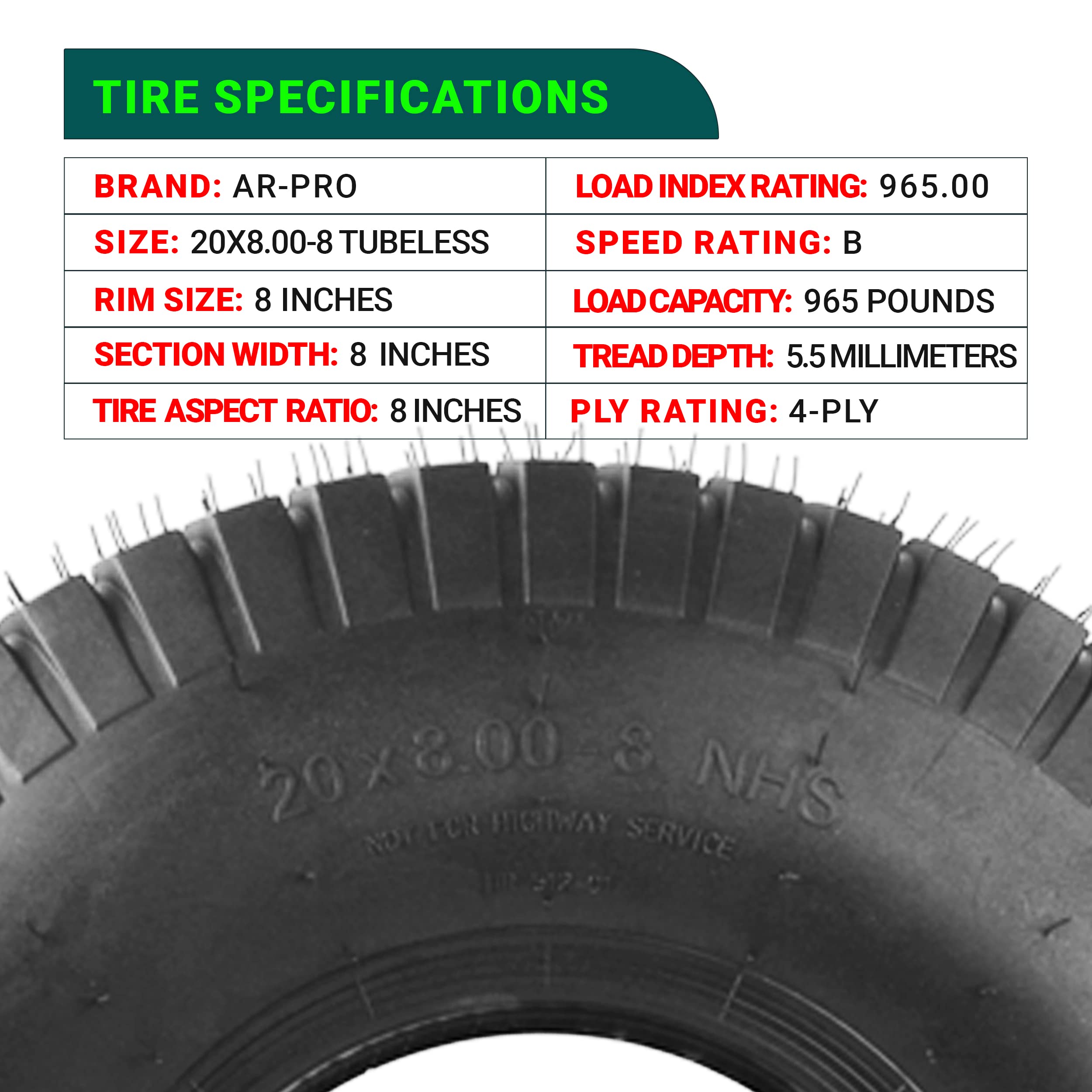 (2-Pack) 20x8.00-8 4-Ply Tubeless Lawn Mower Tires - Heavy Duty Replacement for Riding Lawn Mowers, Golf Carts & ATVs (Rim Not Included) - Perfect for All-Terrain Use on Grass, Mud & Rough Surfaces
