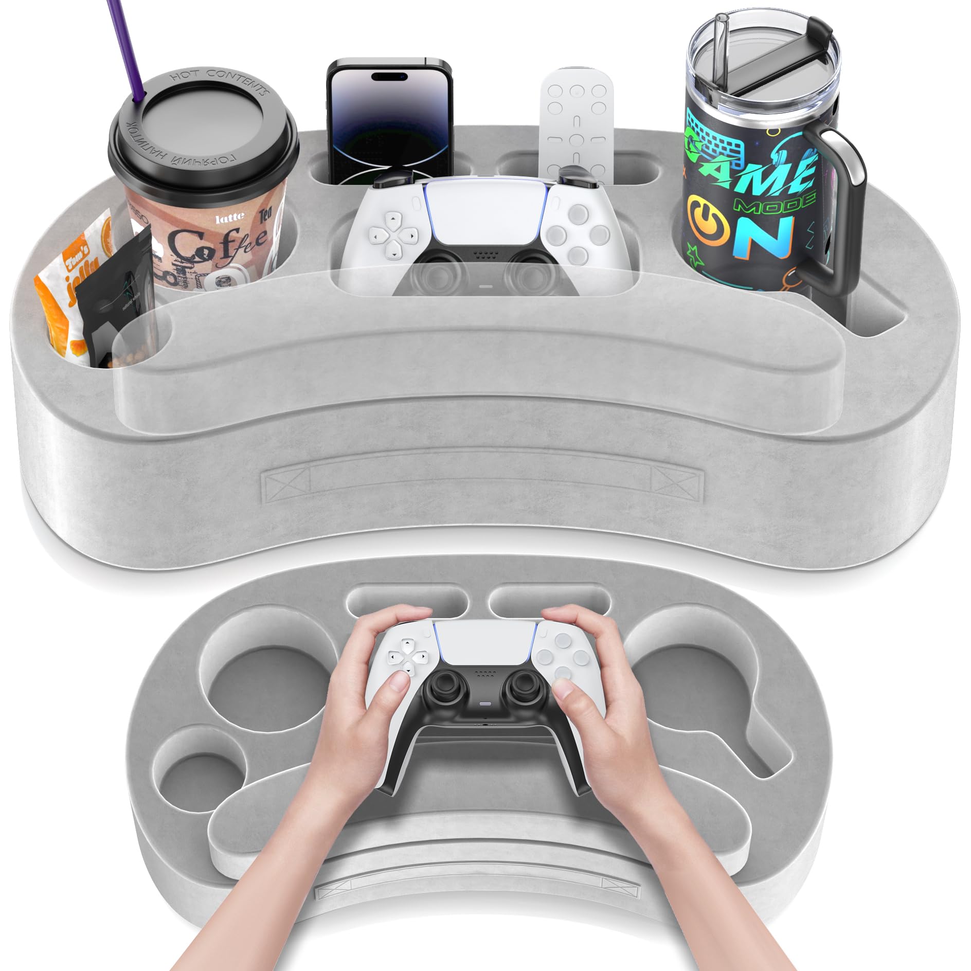 **6-Slot Couch Cup Holder Pillow Tray with Armrest Cushion - Multi-Functional Gaming Caddy for Drinks, Controller, Remote & Phone - Perfect for Gaming, Movie Nights & Relaxing on the Couch**