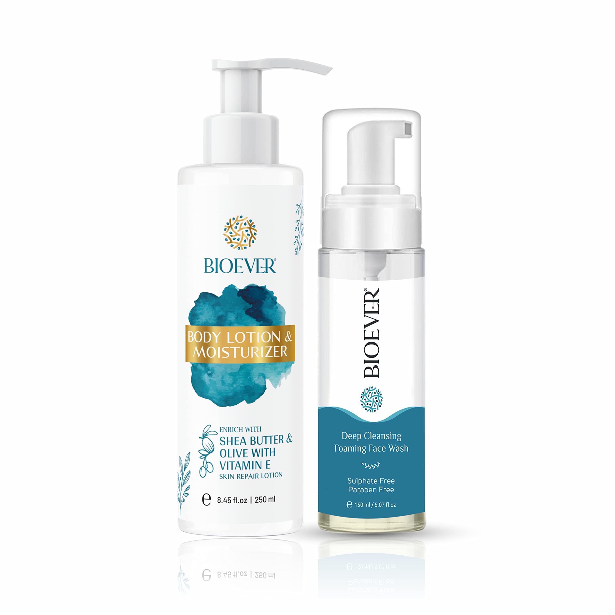 Bioever Shea Butter & Vitamin E Body Lotion 250ml + Deep Cleansing Foaming Face Wash 150ml | Ultra Hydrating Daily Moisturizer Combo Pack | Dry Skin Care for Women & Men | Perfect for Winter Hydration & Daily Skincare Routine