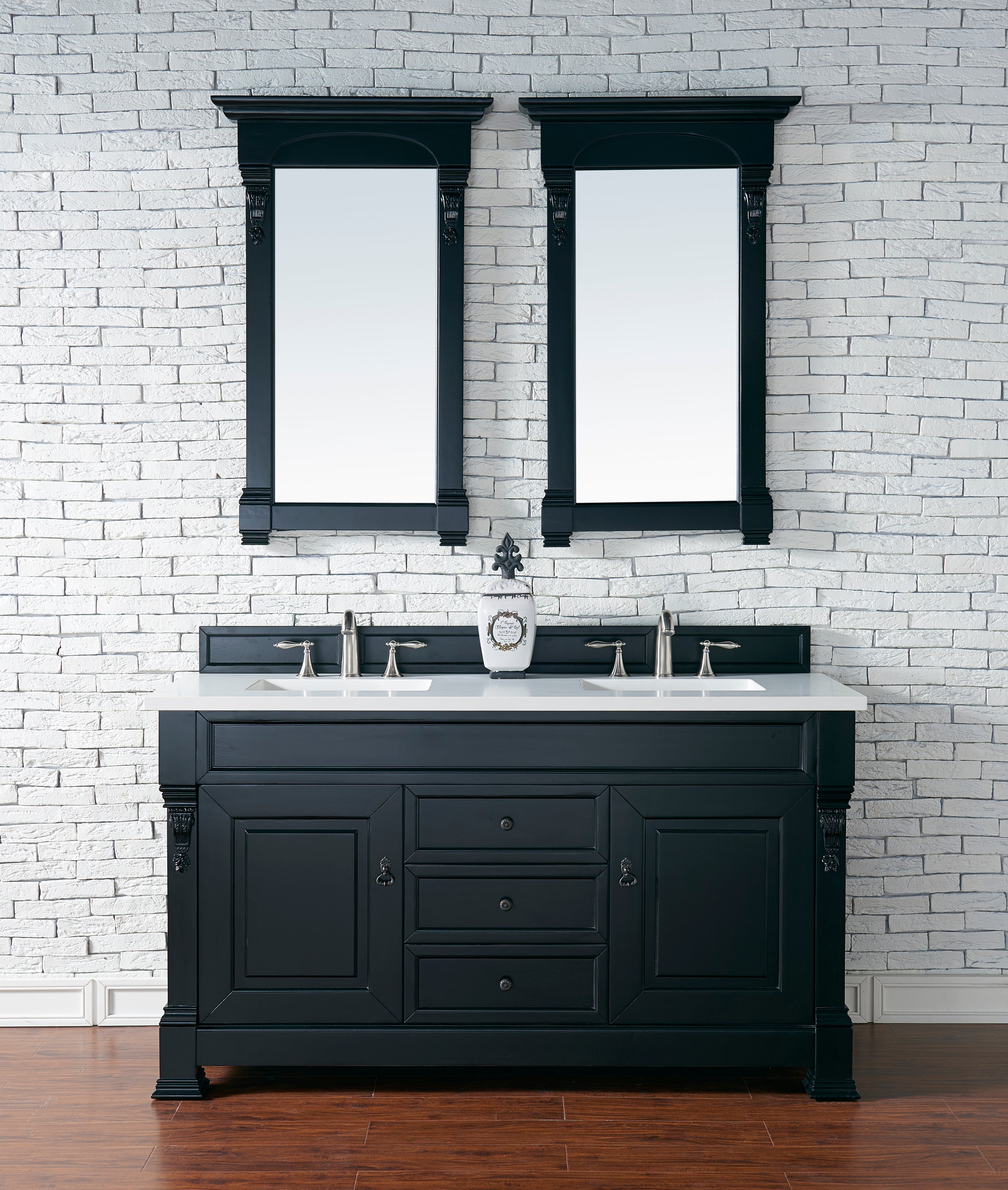 Brookfield 60-Inch Double Bathroom Vanity in Antique Black with 3CM Classic White Quartz Countertop - Perfect for Master Bathrooms & Modern Home Renovations