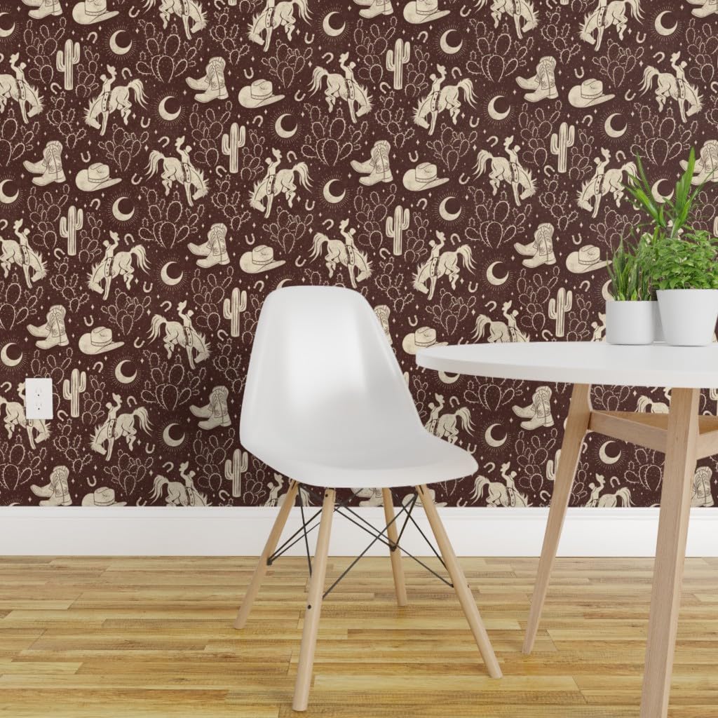 Southwest Brown Boots Cactus Ranch Peel & Stick Removable Wallpaper - Cowboy Hat & Moon Design - Self-Adhesive Wall Decor for Bedroom, Living Room, Kitchen Backsplash