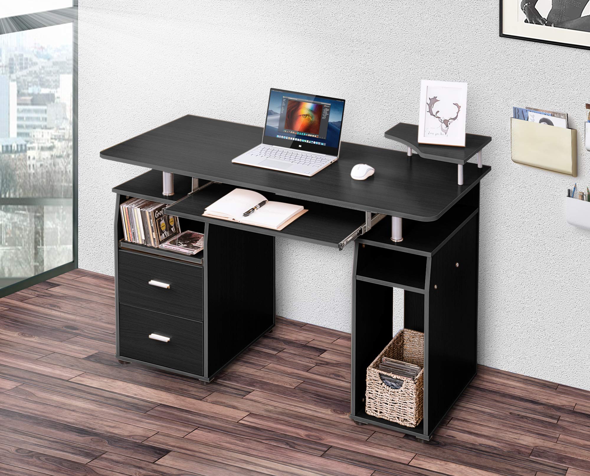 47 Inch Home Office Computer Desk with Hutch, 2 Drawers & Keyboard Tray - Black Study Writing Desk for Students & Professionals, PC Laptop Workstation with Elevated Shelf & Host Stand - Perfect for Small Spaces, Remote Work & Gaming Setup