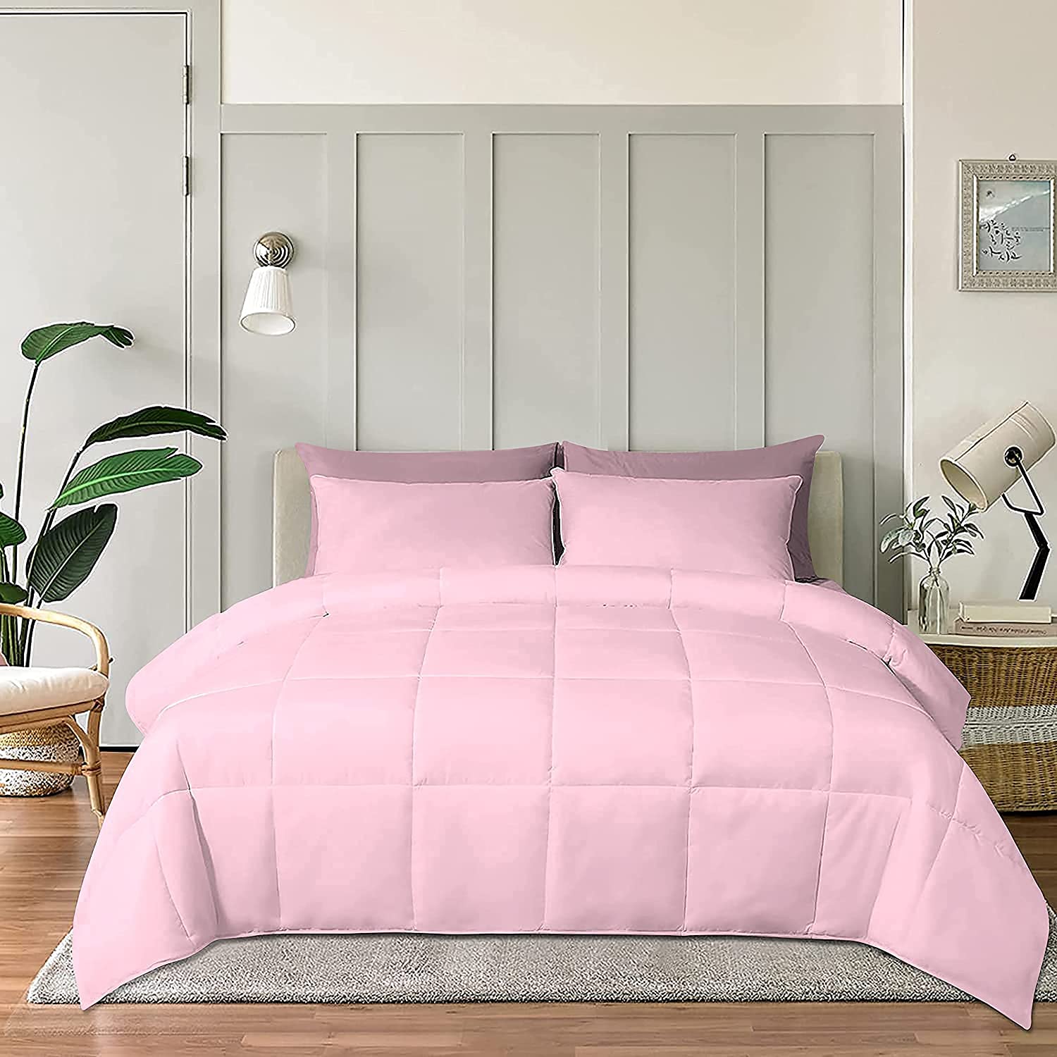 Lightweight All-Season Down Alternative Comforter - 100% Cotton Soft Quilted Duvet Insert | Cooling Comforter for Summer & Hot Sleepers | King/California King Size | Pink | Perfect for Bedroom, Guest Room & Dorm Use