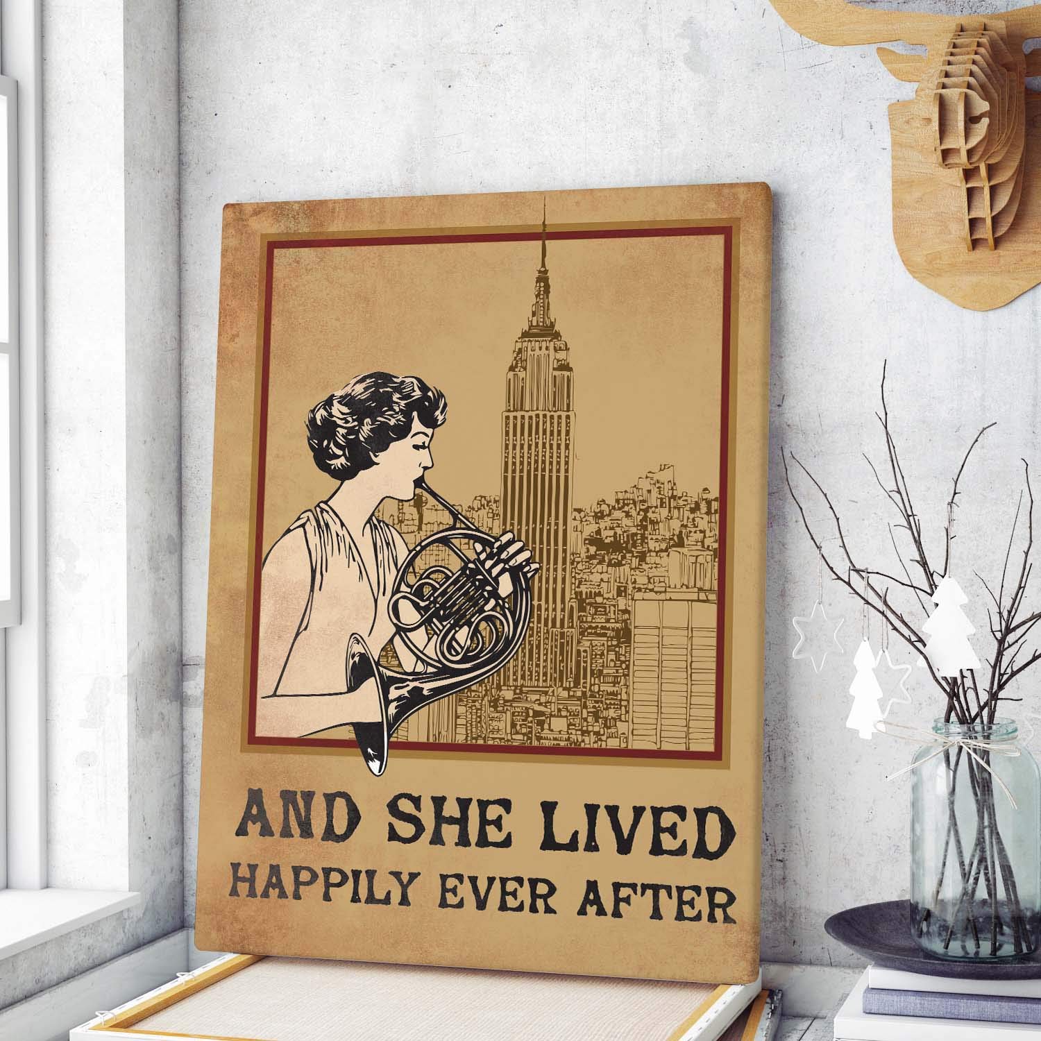 Vintage French Horn Player Canvas Wall Art - 'And She Lived Happily Ever After' Gallery Wrapped Print, Home Decor Poster for Music Lovers - Perfect for Living Room, Bedroom, or Studio Decor