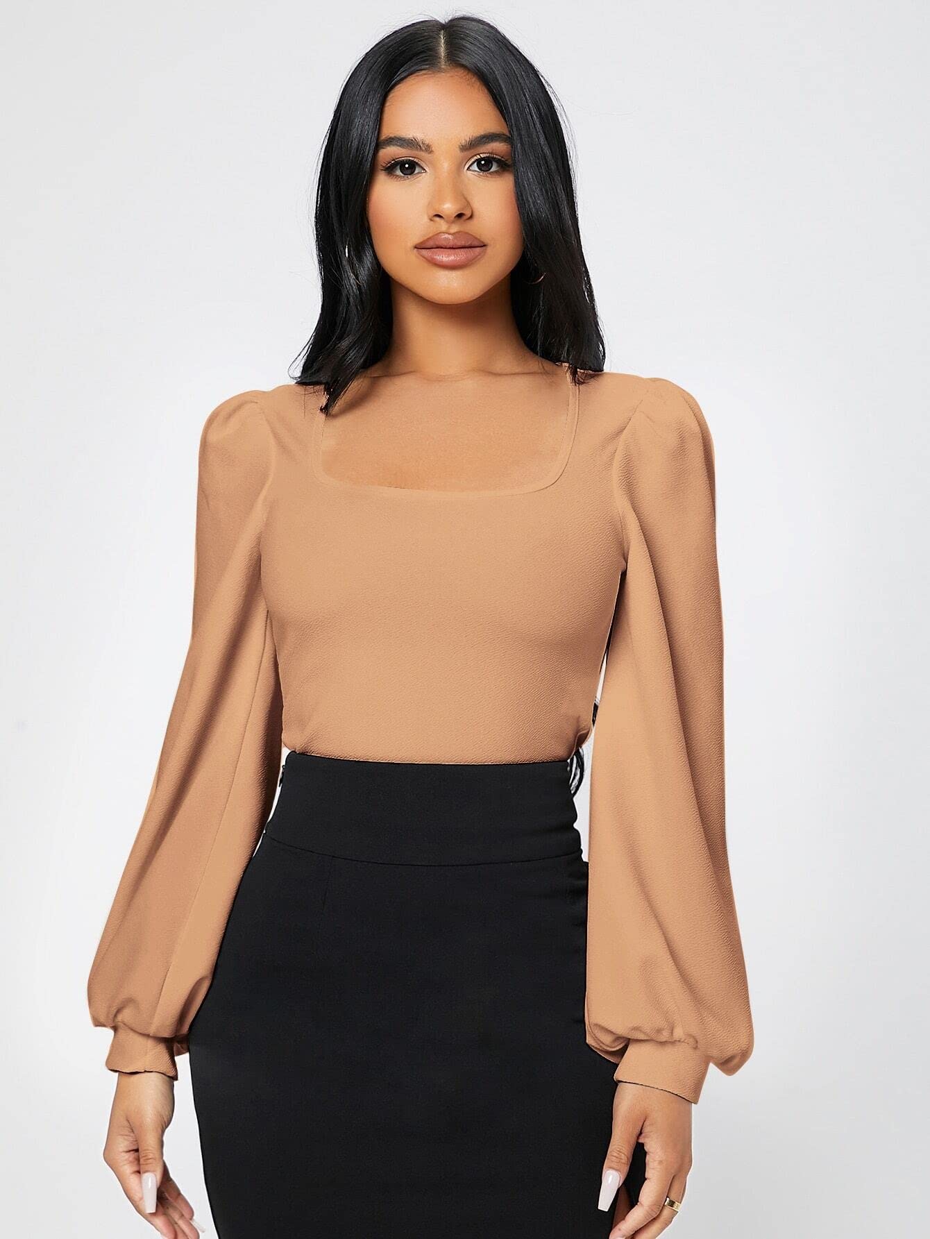 LIHANA Women's Long Sleeve Square Neck Blouse with Lantern Sleeves - Work & Casual T-Shirt for Office, Date Night & Everyday Wear