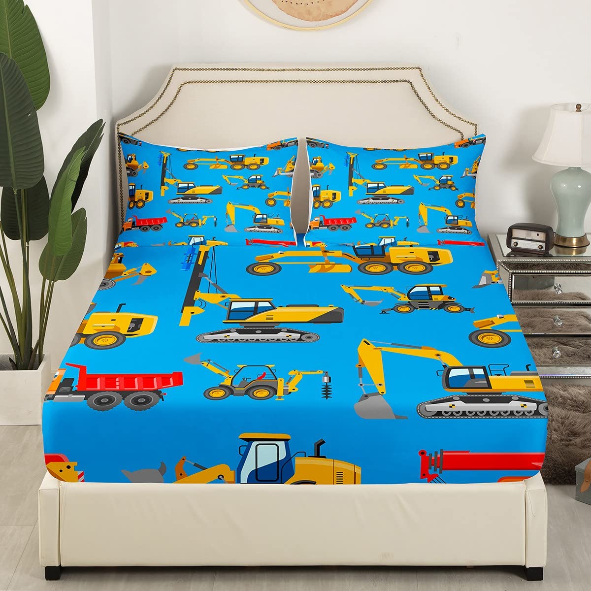 Kids Construction Excavator Truck Fitted Sheet Set - Queen Size Yellow Tractor Print Bedding for Boys & Girls (1 Top Sheet, 1 Fitted Sheet, 2 Pillowcases) - Perfect for Themed Bedrooms, Birthday Gifts & Construction Lovers