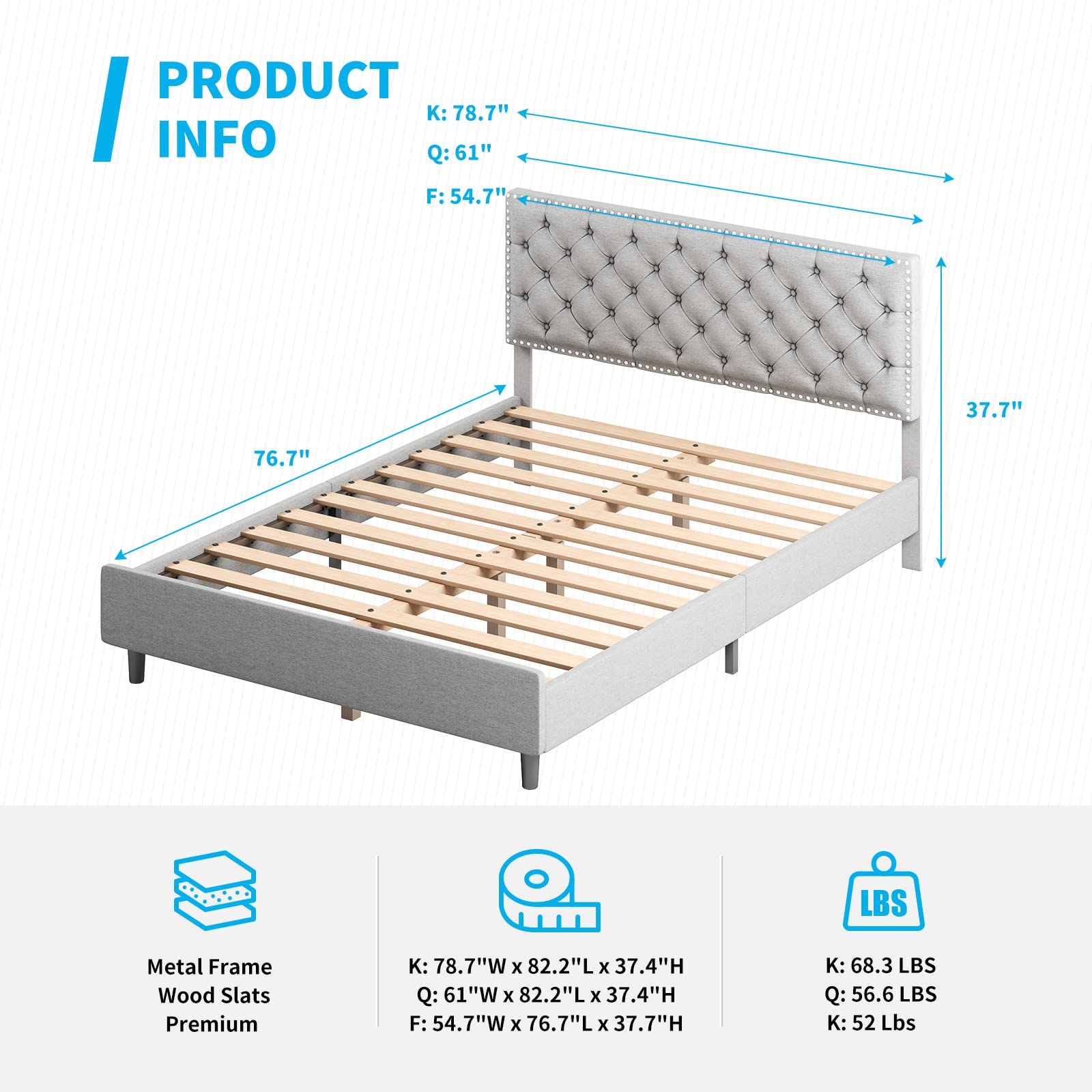 MJkone King Size Bed Frame with Adjustable Headboard - Upholstered Platform Bed with Wooden Slats, No Box Spring Required, Tufted Mattress Foundation for Bedroom (Light Grey) - Perfect for Master Bedrooms, Guest Rooms & Modern Home Decor