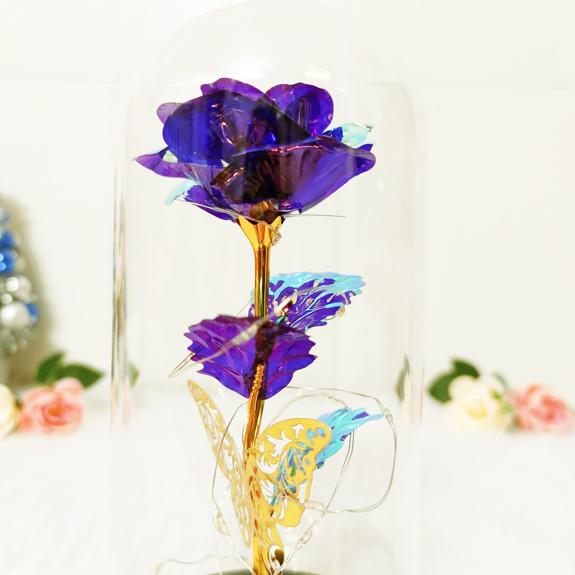 Beautiful Purple Preserved Rose in Glass Dome - Long Lasting LED Flower Gift for Women, Mom, Grandma | Unique Birthday, Anniversary & Valentine's Day Present | Romantic Home Decor & Special Occasion Gift