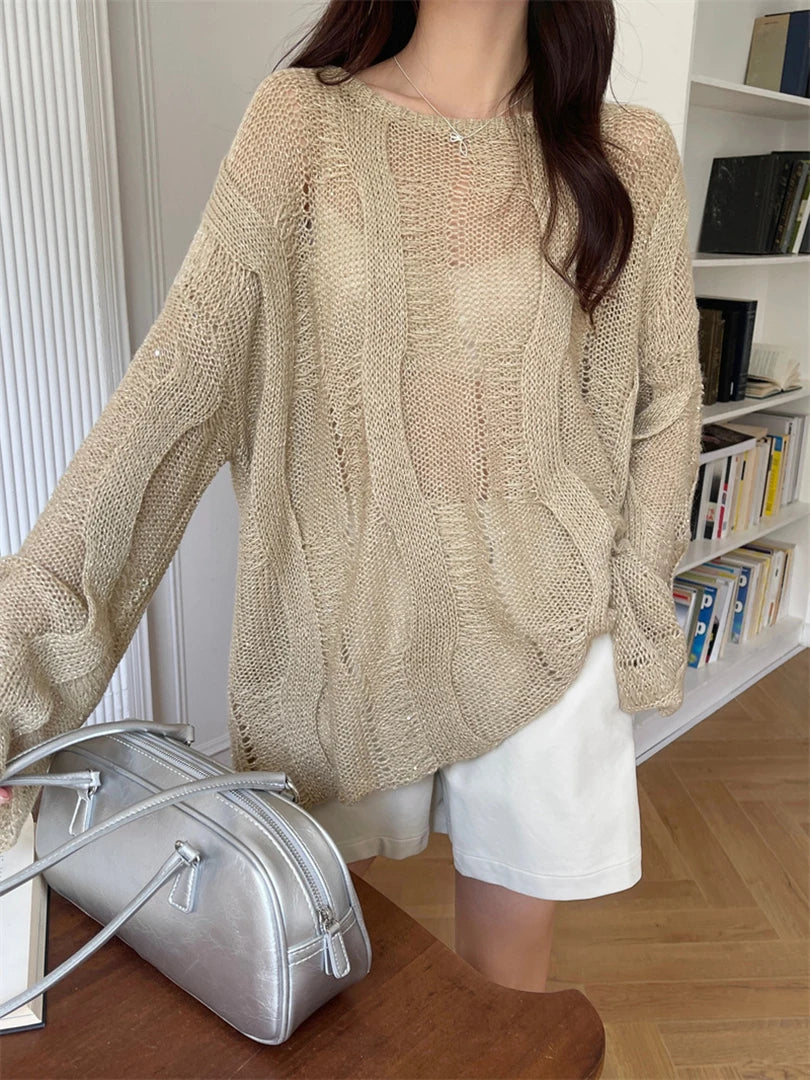 Beige Oversized Hollow Knit Sweater for Women - Round Neck Long Sleeve Pullover | 2025 Spring Autumn Fashion Trend (Style 1DH9646) - Perfect for Casual Outings, Office Wear & Cozy Fall Layering