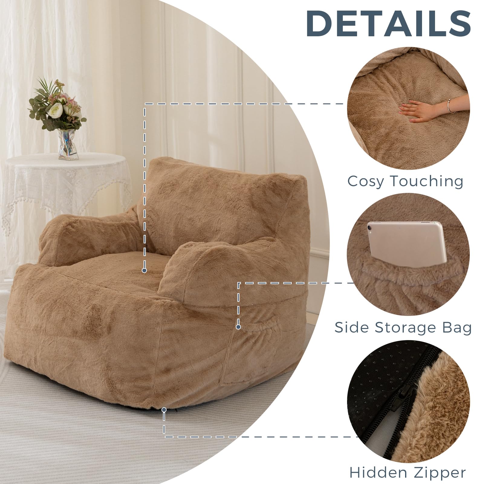 MAXYOYO Giant Bean Bag Chair - Extra Large Faux Fur Stuffed Bean Bag Couch for Living Room, Bedroom & Game Room - Super Soft Khaki Lounger for Adults & Teens - Perfect for Relaxing, Reading & Gaming