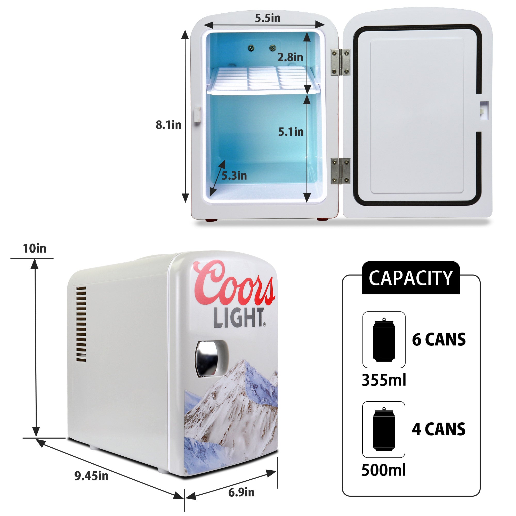 Coors Light 6 Can Mini Fridge - 4L (4.2 qt) Portable Thermoelectric Cooler for Beer, Soda, Snacks & Cosmetics - Compact Desktop Cooler for Home, Office, Dorm & Car - Perfect for Drinks, Skincare & Lunch Storage