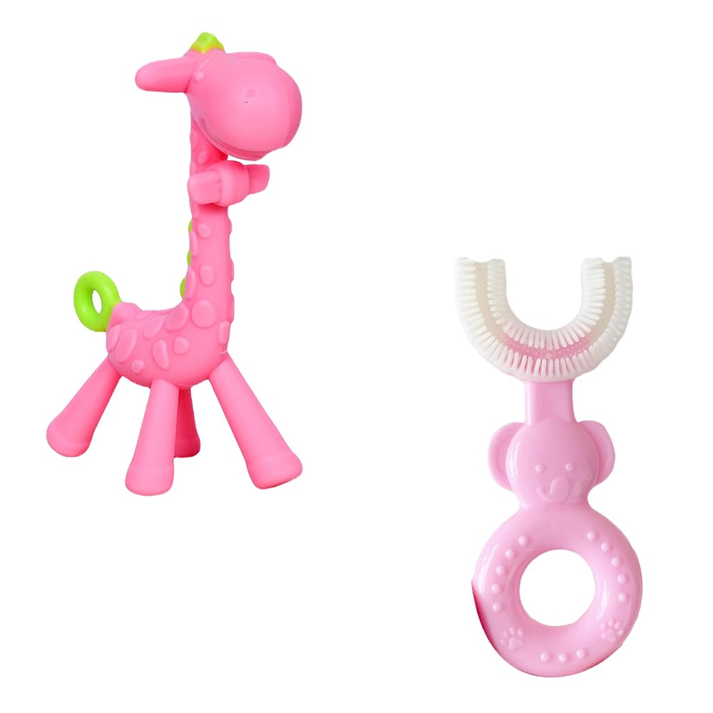 Kritiu Giraffe Shape Teether and U Shape Toothbrush Set - BPA-Free Silicone Baby Teething Toy & Toothbrush for Infants 0-12 Months - Safe, Soft & Practical Oral Care Solution (Pink) - Perfect for Soothing Sore Gums During Teething and Gentle Teeth Cleaning