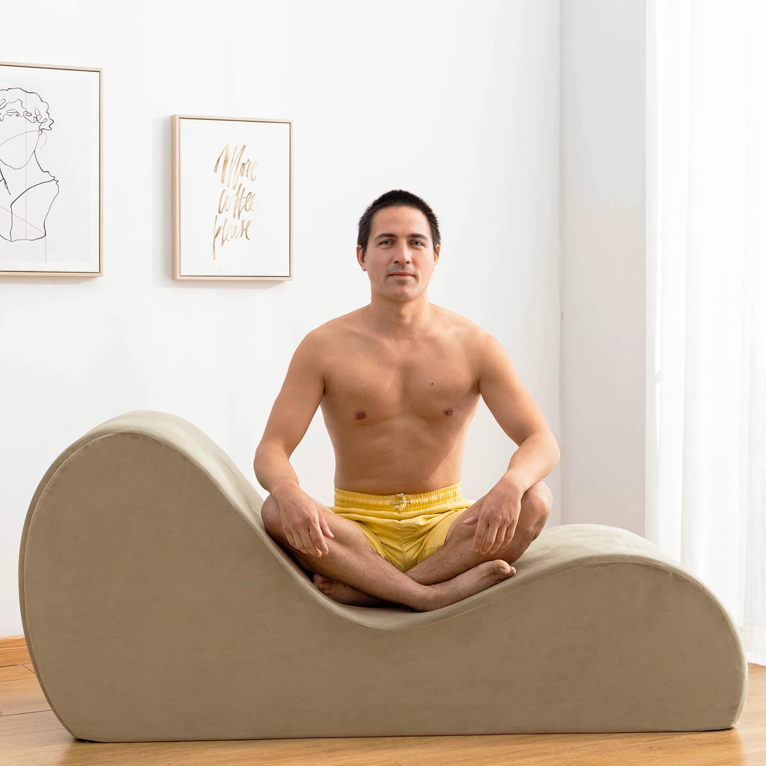 Premium Velvet Yoga Chaise Lounge Chair for Stretching & Relaxation - Non-Slip Bottom with Side Pockets & Removable Cover - Perfect for Couples, Adults & Home Yoga Practice in Bedroom, Living Room or Studio (Beige)
