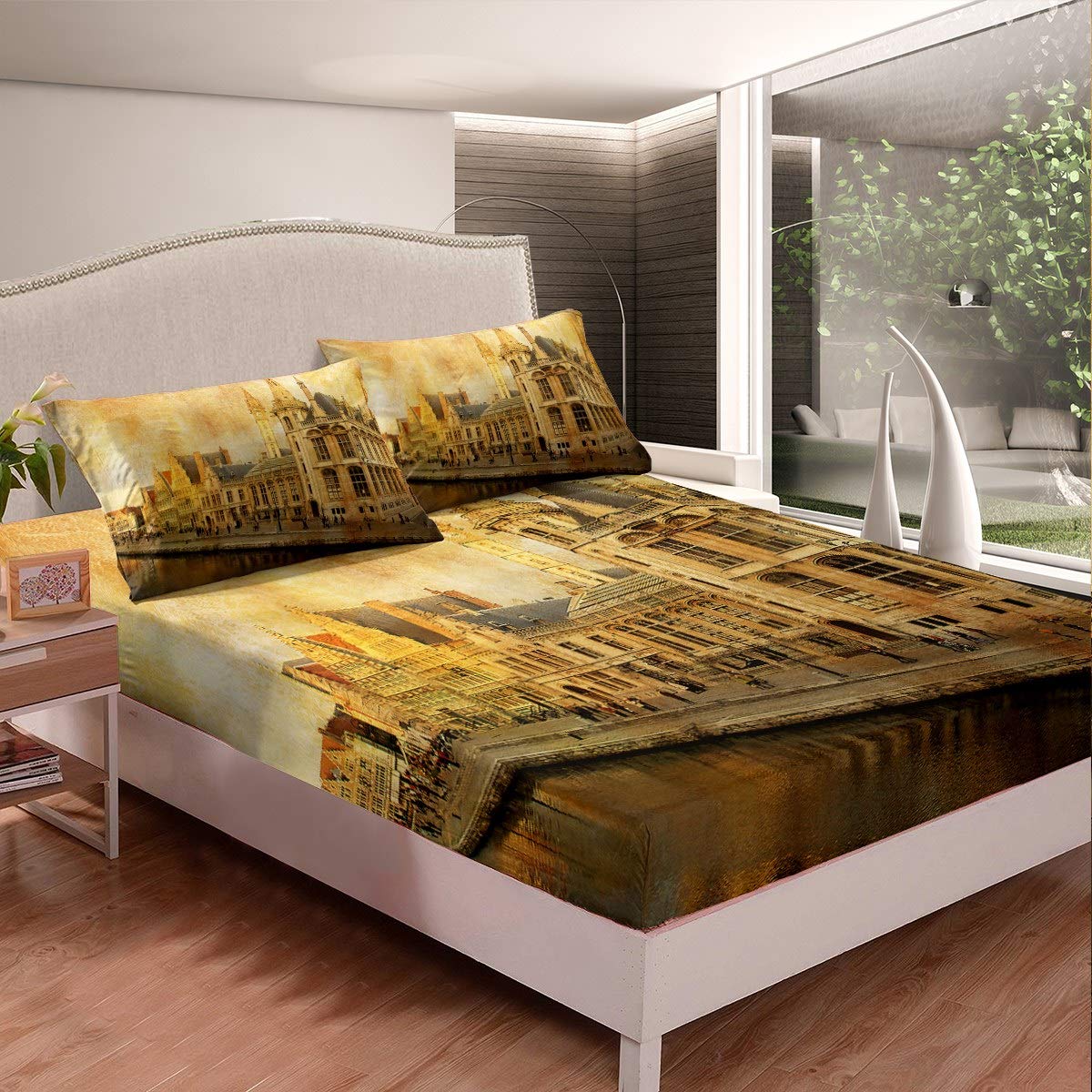 Feelyou Vintage Grunge Fitted Sheet Set - Retro Cityscape Twin Size Bedding (2PC) | Gothic Western Style Antique Yellow Bed Cover & Decor | Perfect for Boho Bedrooms, Dorm Rooms & Themed Guest Rooms