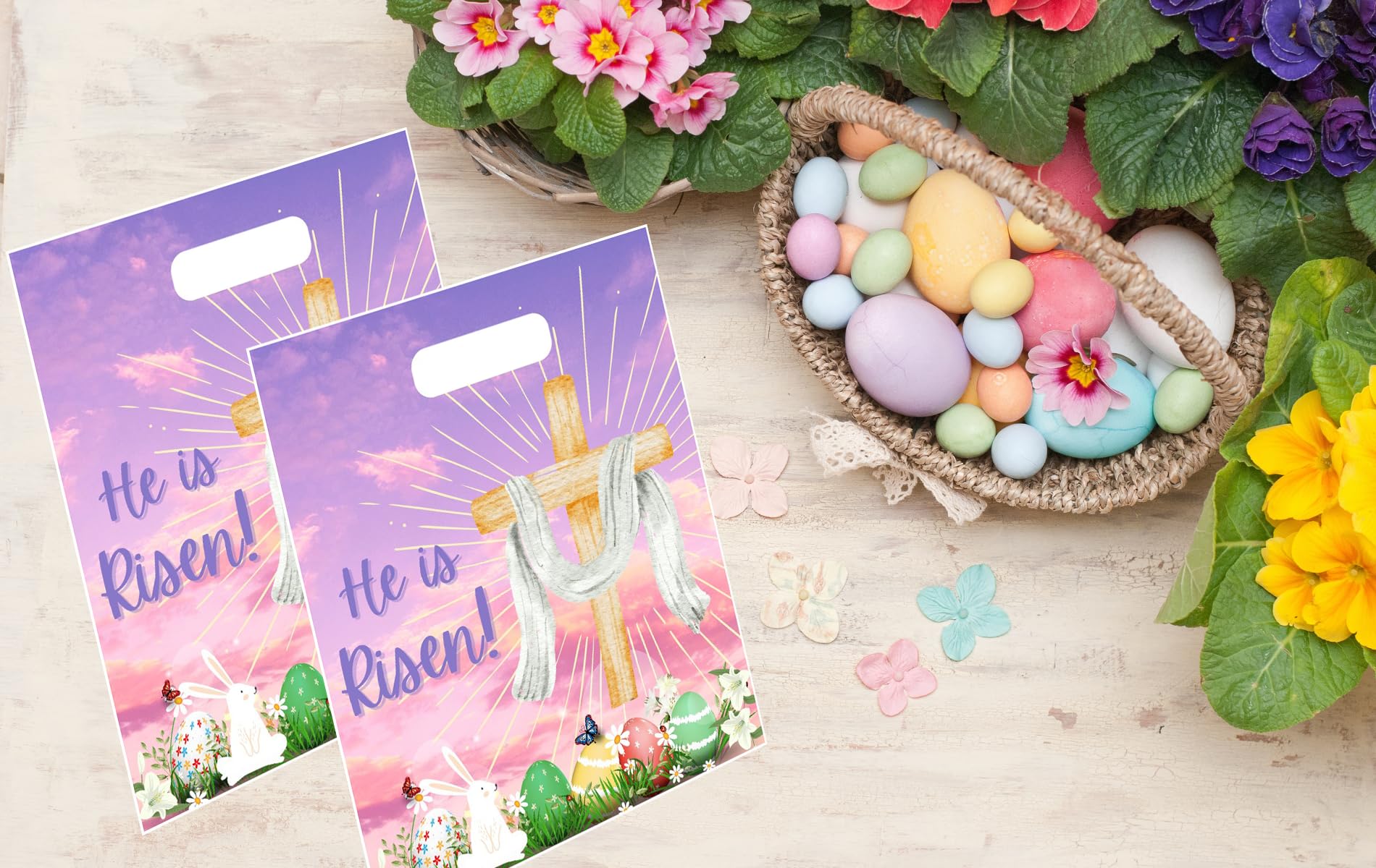 Onmlkkd 30 Pack Large 12''x10'' Religious Easter Gift Bags - 'He is Risen' Christian Treat Bags for Kids, Bulk Goodie Bags for Easter Eggs & Church Events