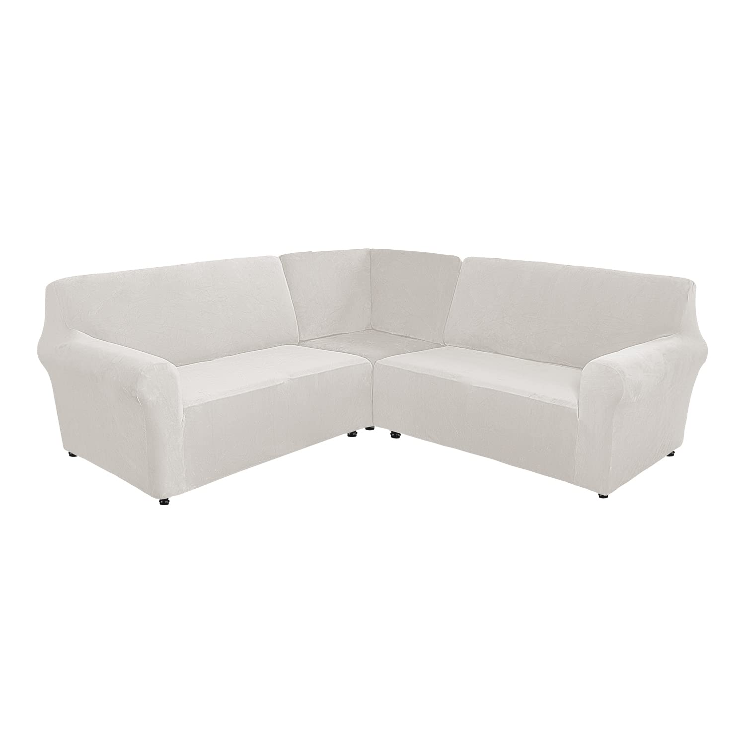 ELEOPTION 5-Piece L-Shaped Sectional Sofa Cover - Soft Velvet Stretch Slipcover for Corner Couch, Washable Furniture Protector in White - Perfect for Living Room, Family Room & Home Theater